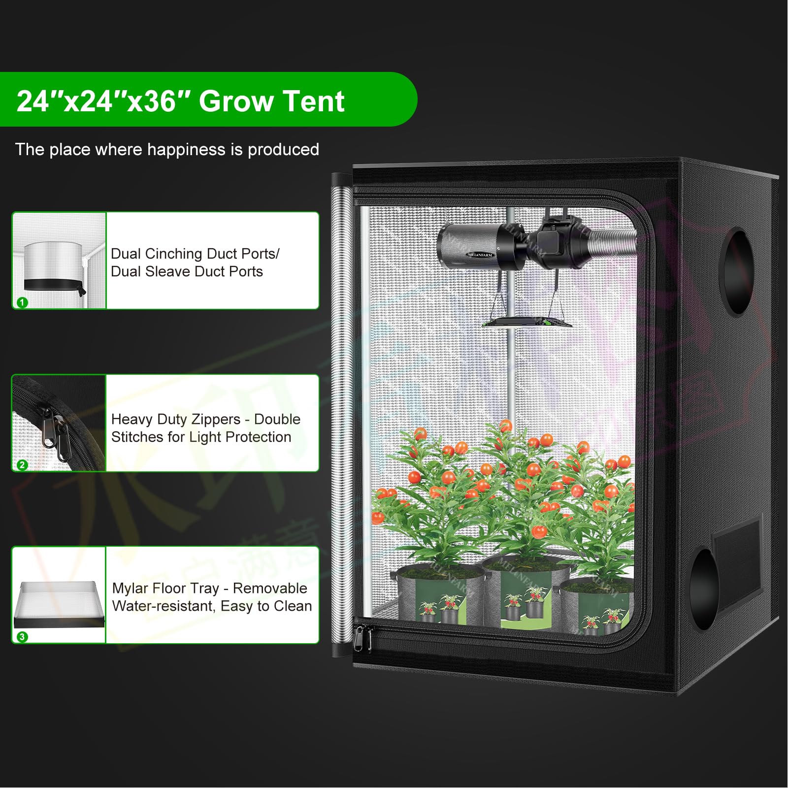 MELONFARM 2x2 Grow Tent, 24"x24"x36'' High Reflective 2100D Diamond Mylar Canvas with Double Transparent Viewing Door and Floor Tray for Hydroponic Indoor Plant Growing