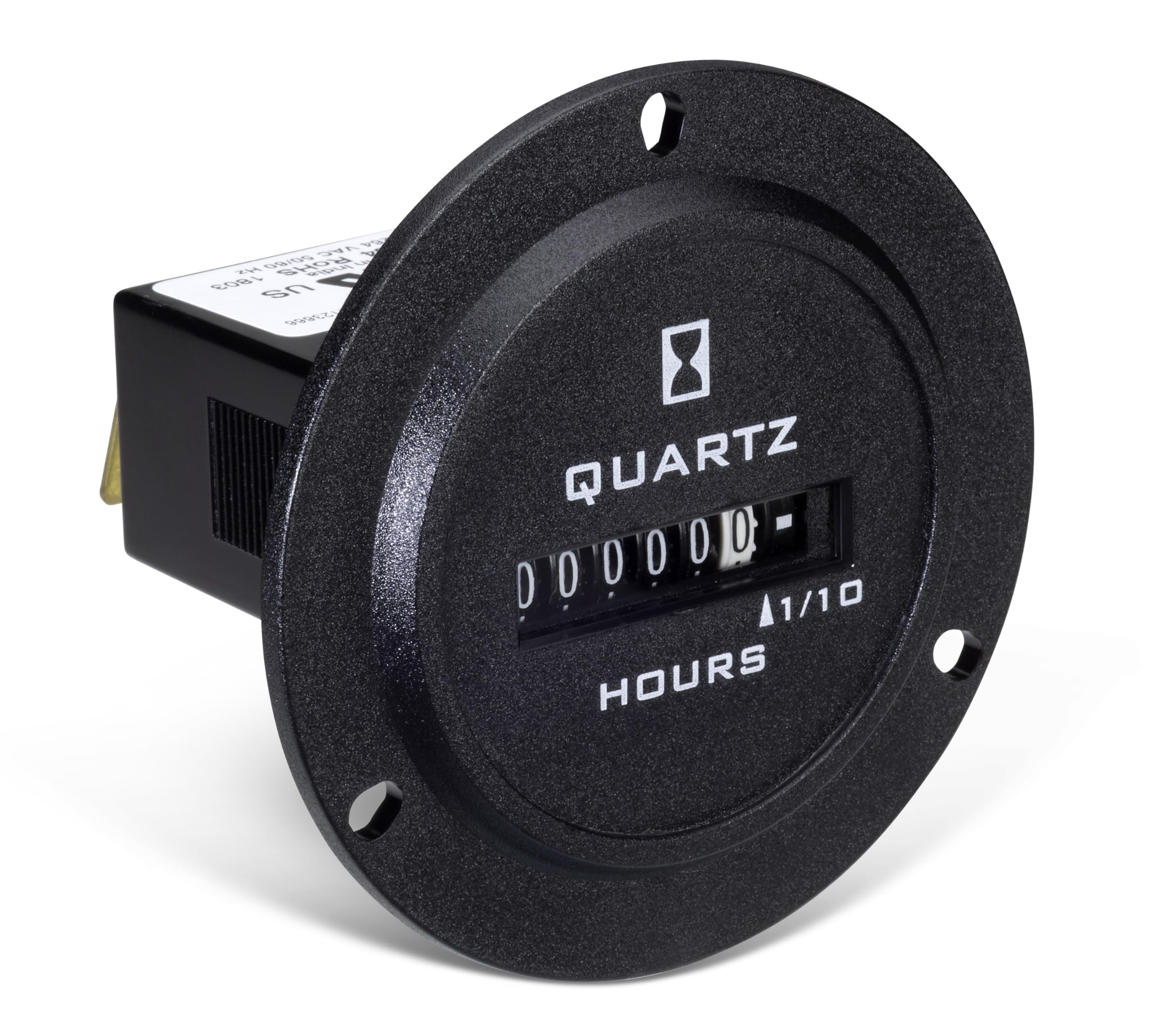 722-0004 | TRUMETER Hour Meter, 90-264VAC 50/60HZ, 6 Digit, Round Flange 3-Hole, Spade TERMINALS, Non Reset