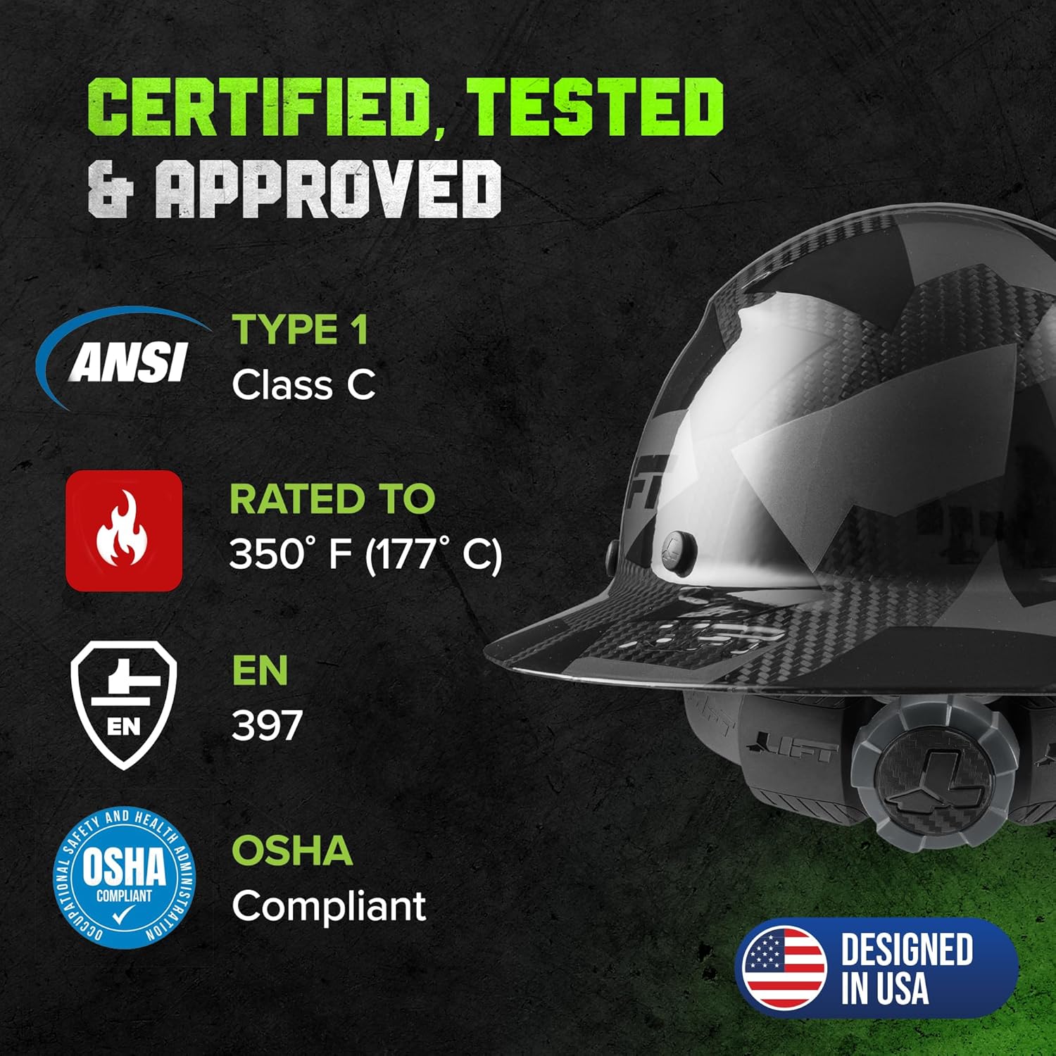 LIFT SAFETY Dax Carbon Fiber Full Brim Hard Hat | Safety/Construction Helmet w/ 6 Point Suspension for Comfort & Impact Protection - Image 5
