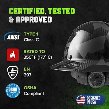 LIFT SAFETY Dax Carbon Fiber Full Brim Hard Hat | Safety/Construction Helmet w/ 6 Point Suspension for Comfort & Impact Protection