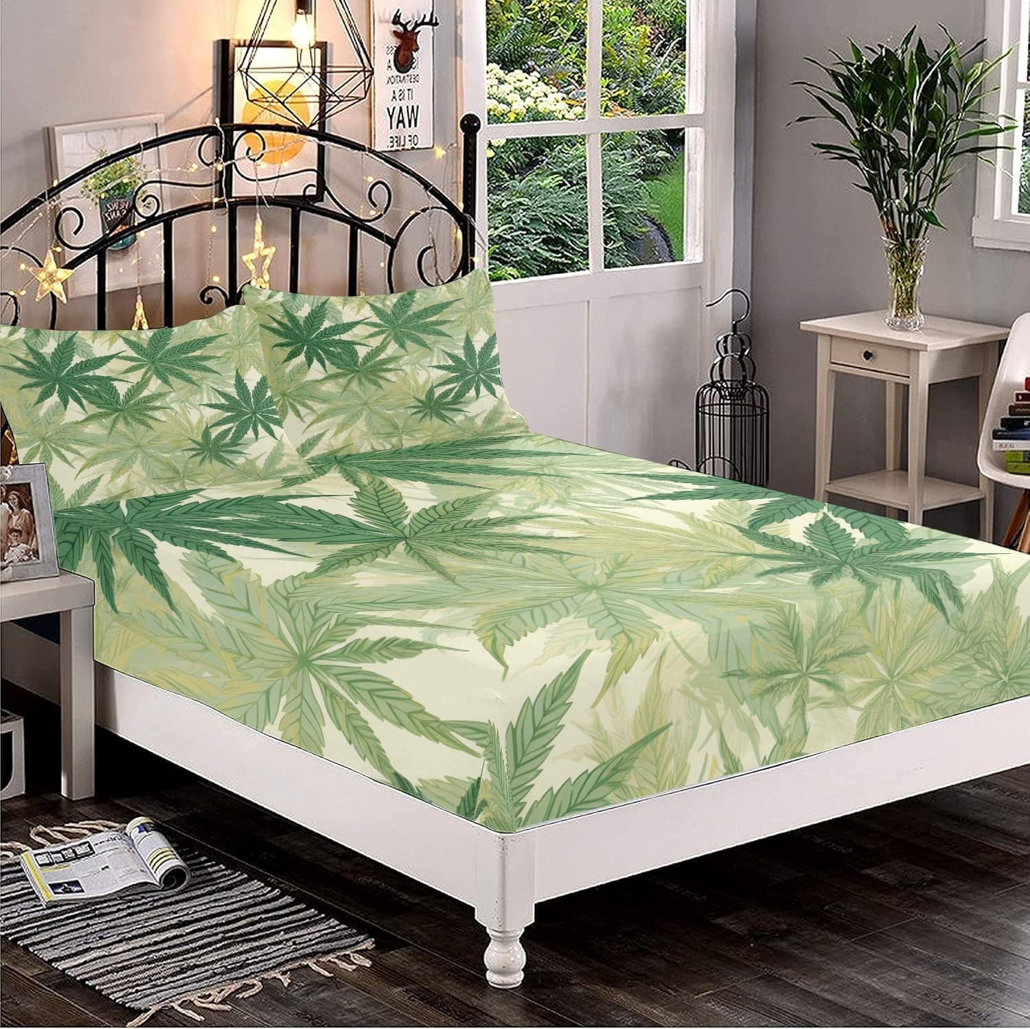 Drap-Housse en Microfibre Brossée 200x200 cm avec Grand Bonnet 30cm, Plantes Feuilles de Cannabis Feuilles Nature Drap Housse en Doux, Anti Plis pour 2 Personnes Lit, Respirant Hypoallergénique, Vert