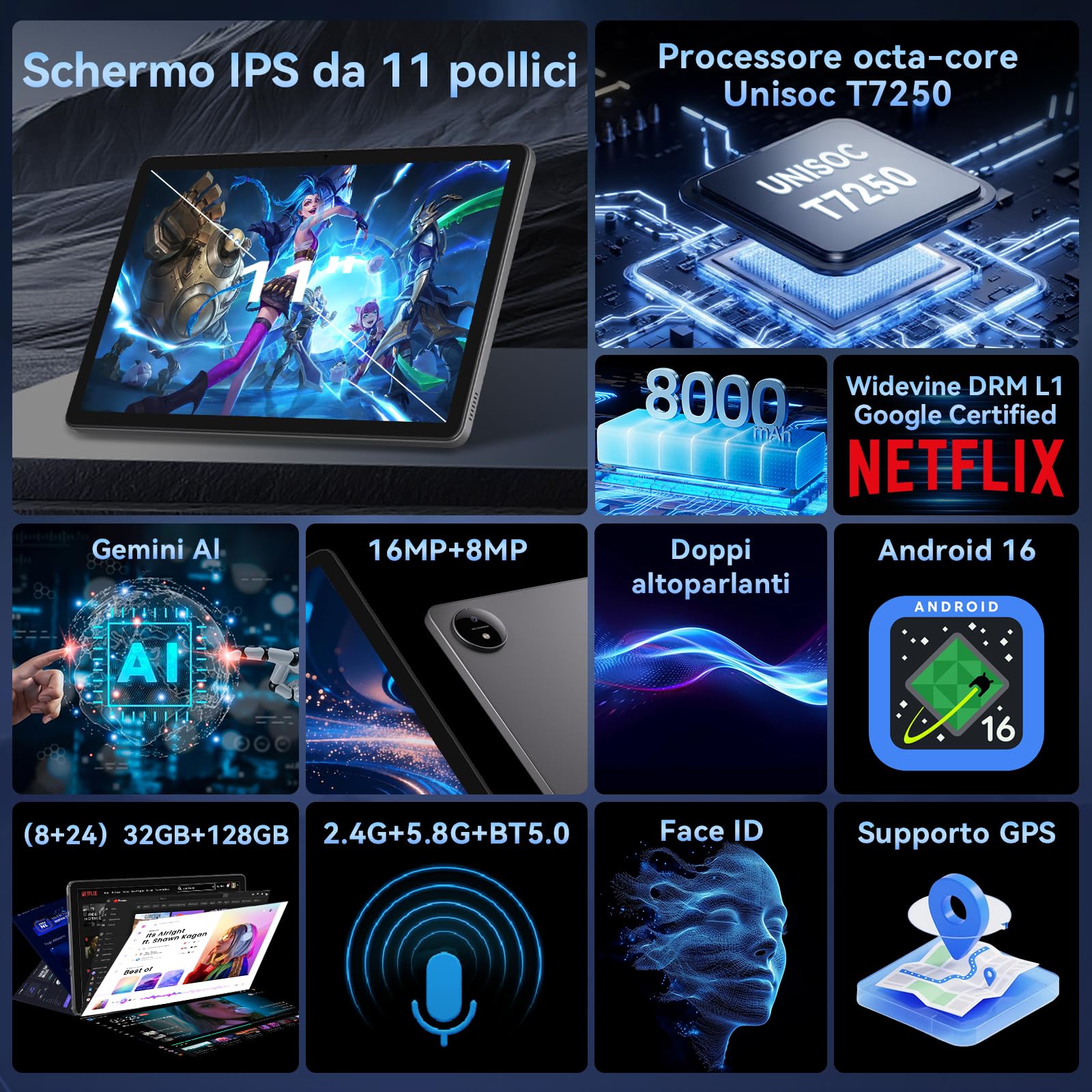 Raemond Tablet 11 pollici Android 16, Tablet Octa-Core, 32 GB RAM + 128 GB ROM (2 TB TF), Display IPS FHD 1920x1200, 8000 mAh, 16 MP + 8 MP, Wi-Fi 5,8 GHz + 2,4 GHz, Widevine L1, BT 5.0, GPS (Grigio)