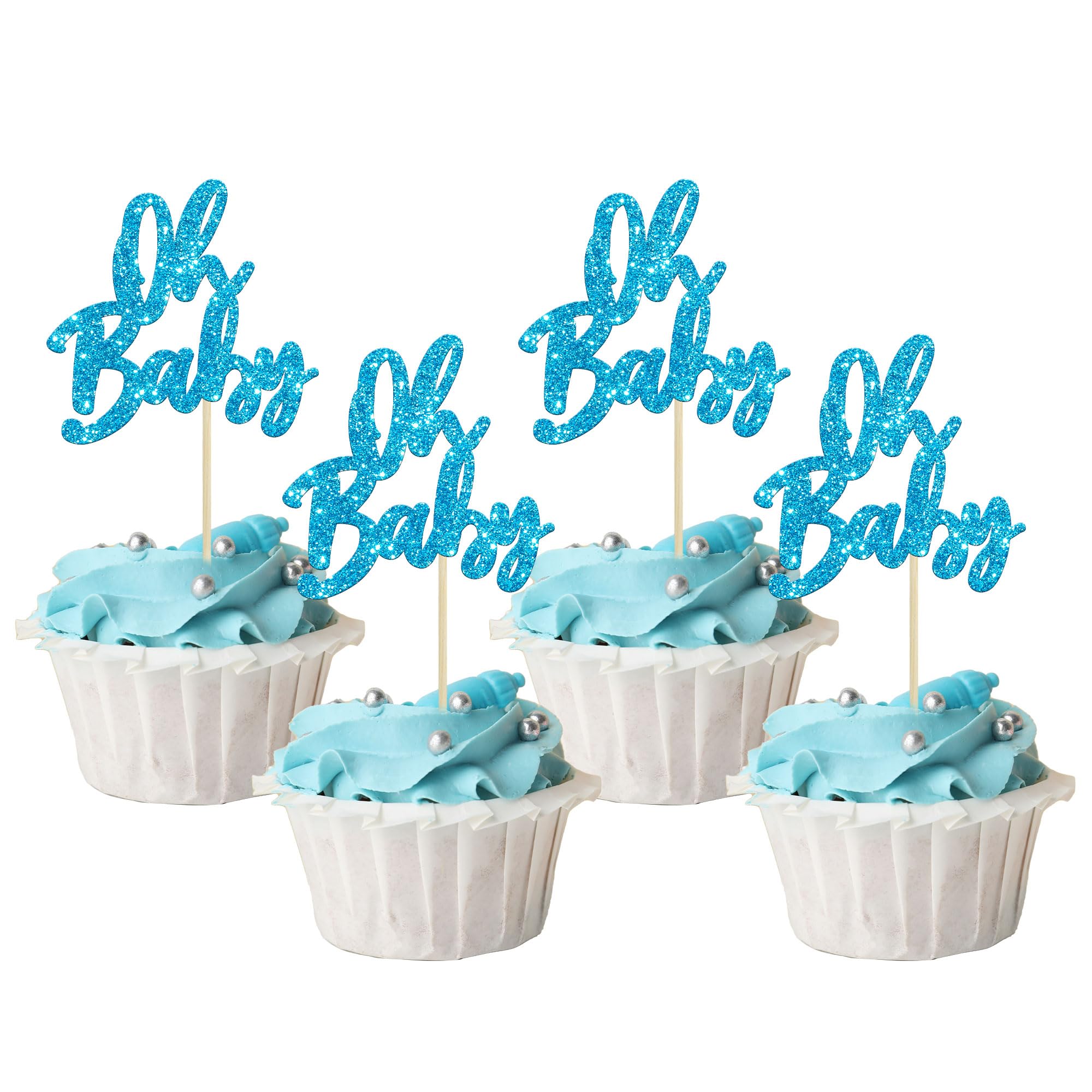 24Pcs Oh Baby Cupcake Toppers Glitter Baby Shower Cupcake Picks Gender Reveal Theme Cake Decorations for Baby Shower Kids Boys Girls Birthday Party