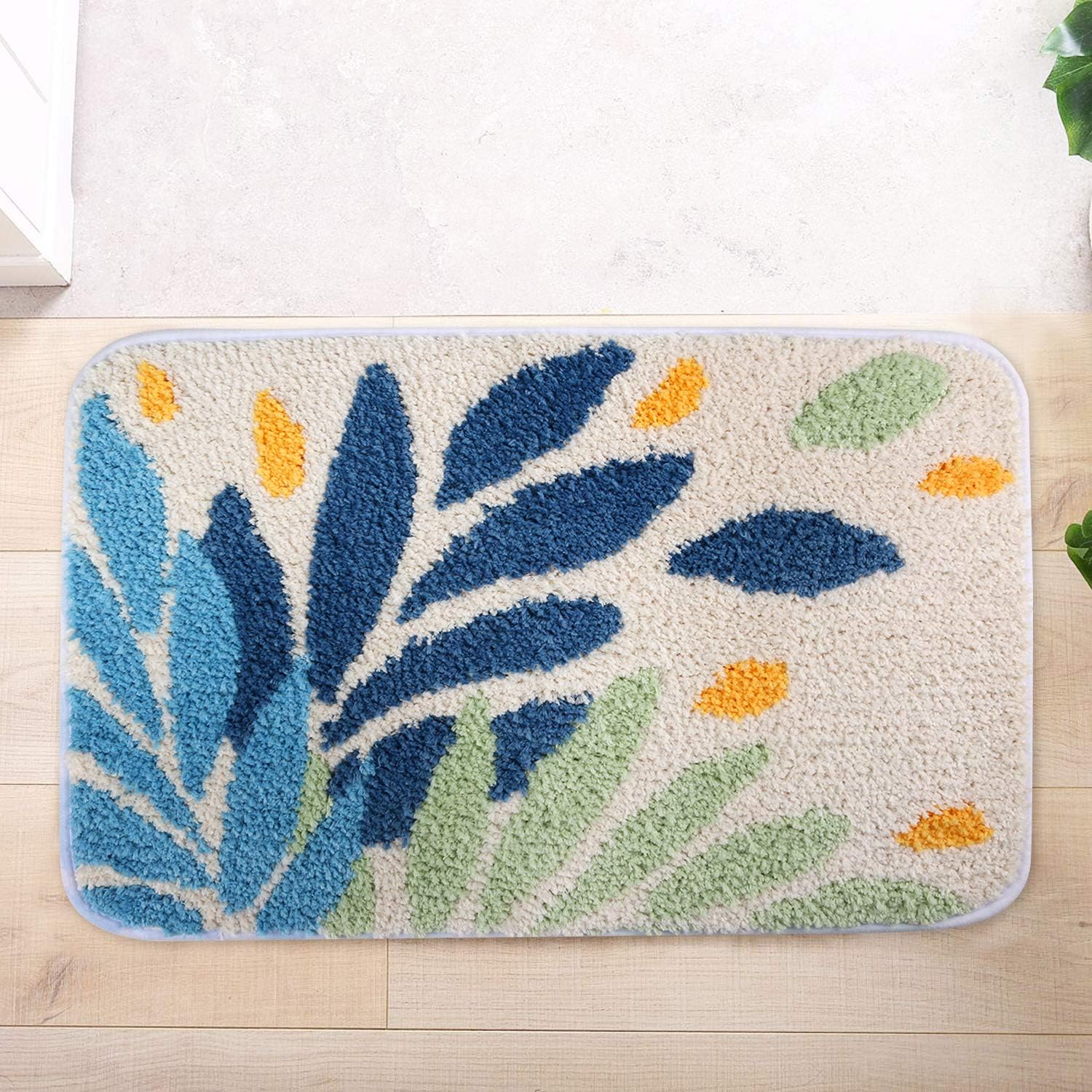 Hi Space Bathroom Rugs 24x16IN Blue Leaves Bath Mat for Bathroom Non Slip Machine Washable Soft Microfiber Absorbent Cute Bath Rug Plush for Tub Shower Sink Fluffy Home Decor Accessories