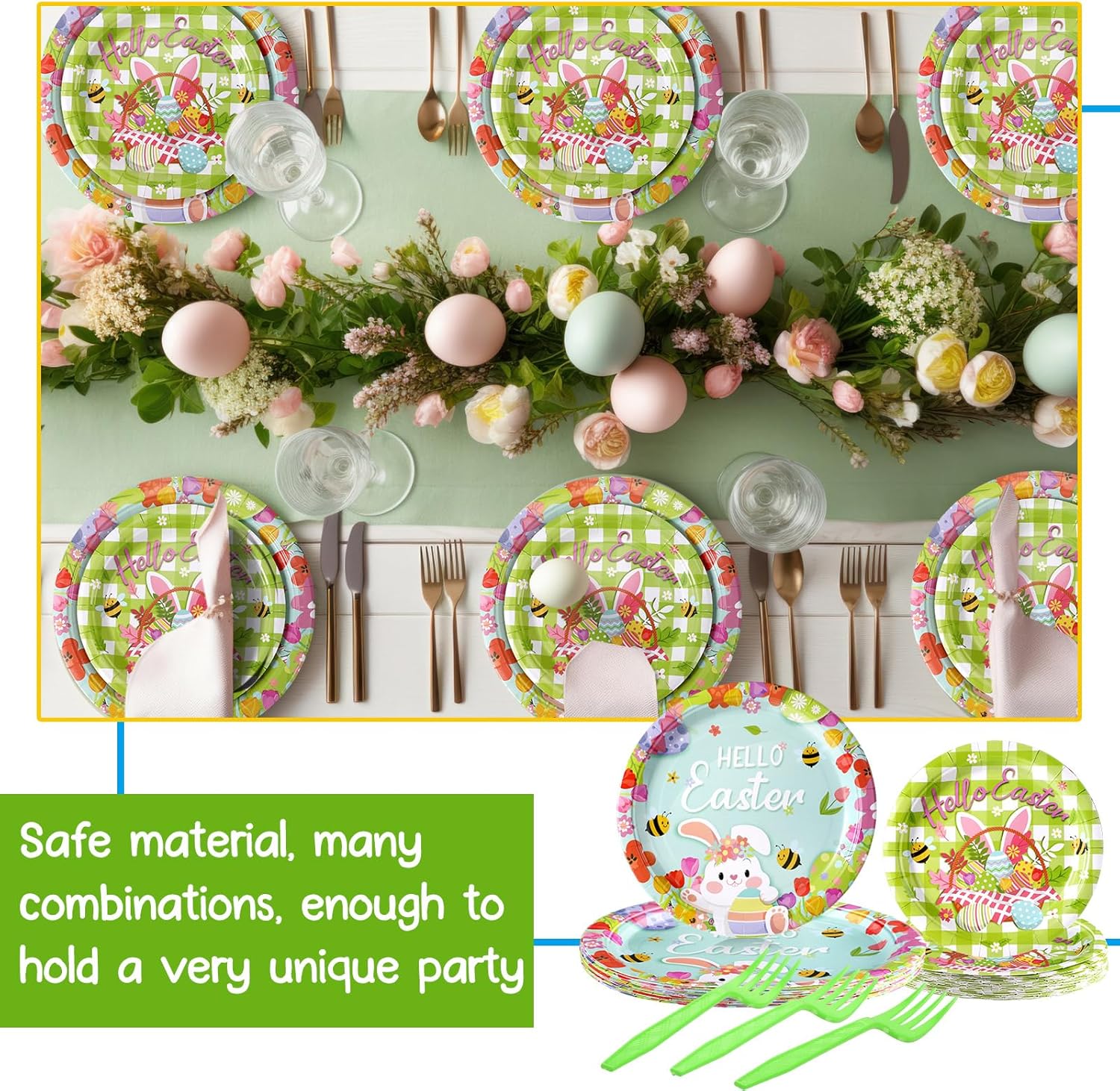 96 Pcs Easter Plates and Napkins Disposable Dinnerware Supplies for 24 Guests, Paper Tableware Include 9" Dinner Plates, 7" Dessert Plates, Napkins, Forks for Easter Spring Party(Bunny) - Image 5
