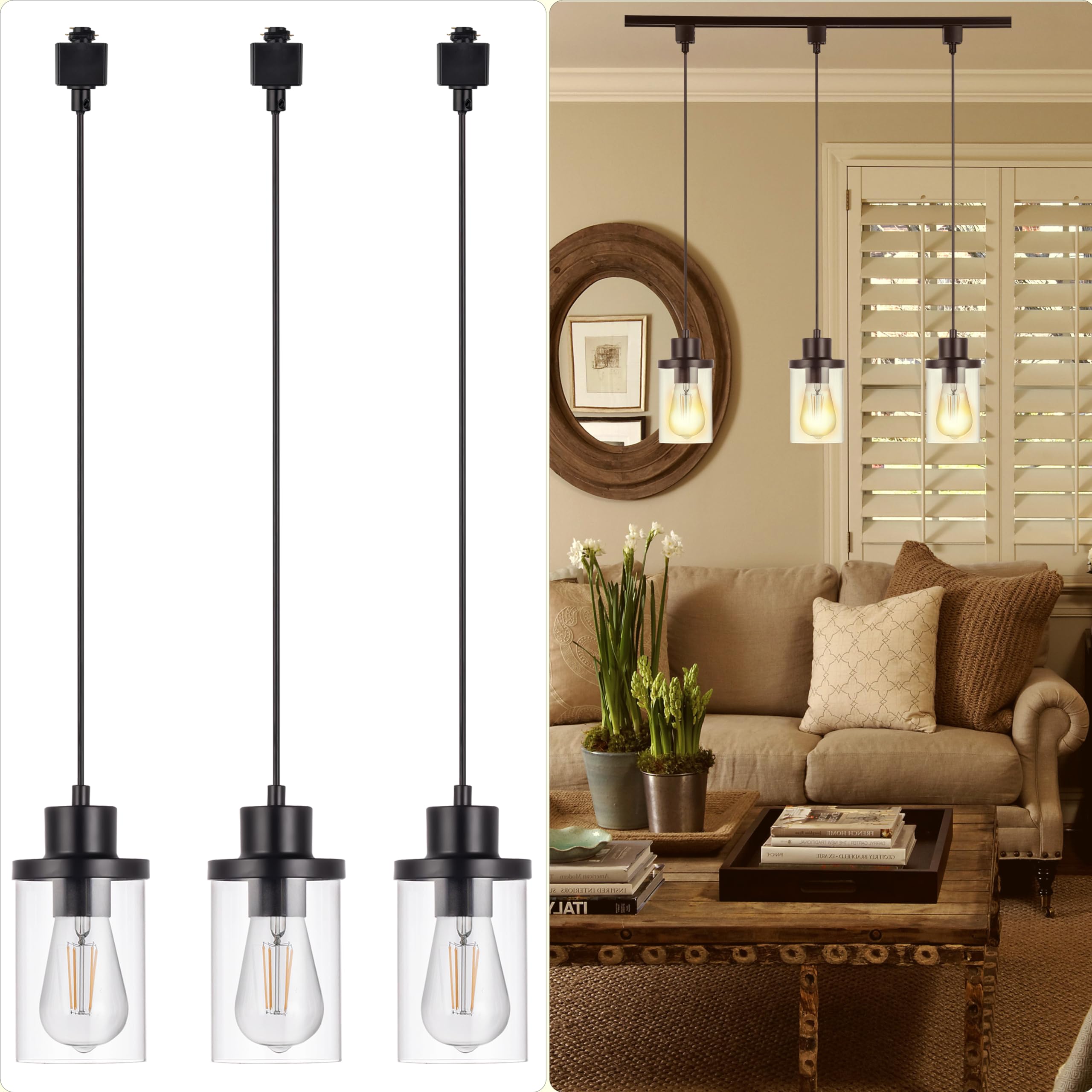 Yaohong H-Type Track Lighting Pendants, 3 Lights Track Light Track Hanging Light Fixture, Black Ceiling Track Hanging with Clear Glass Shades for Kitchen Island Bedroom