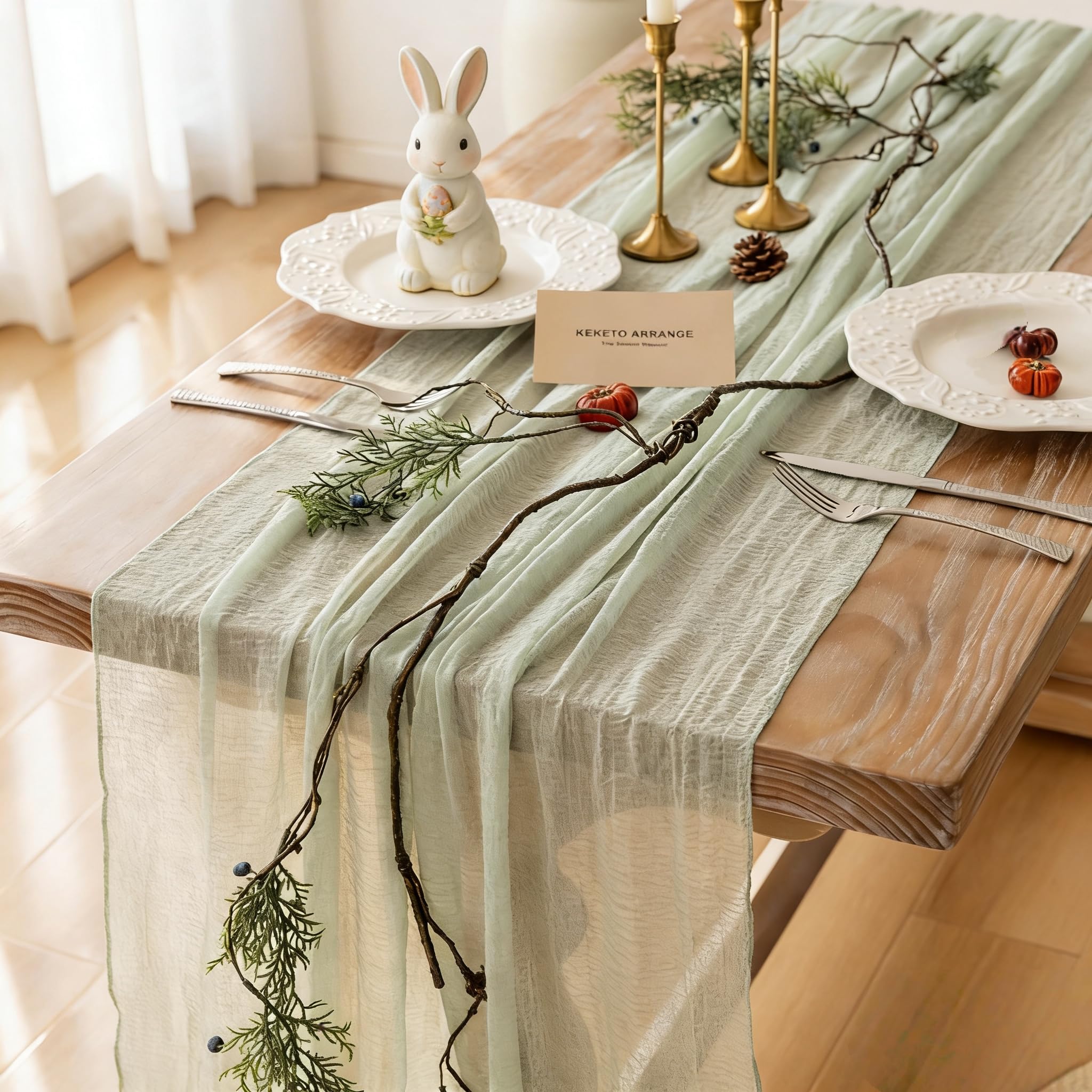 Keketoarrange Sage Green Spring Easter Cheesecloth Table Runner 120 Inch 10 FT Rustic Boho Cheese Cloth Runner for Wedding Baby Shower Bridal Shower Sheer Gauze Centerpiece Home Decorations