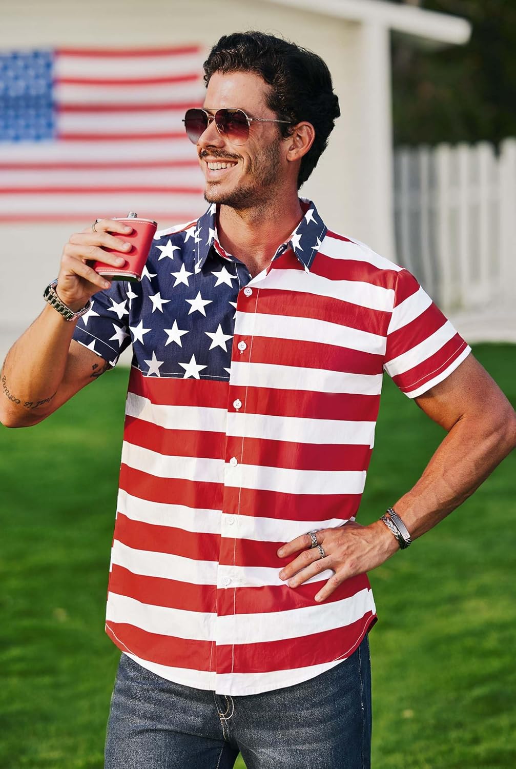 Men American Flag Button Shirt Cotton 4th of July Short Sleeve Shirts (S-3XL) - Image 2