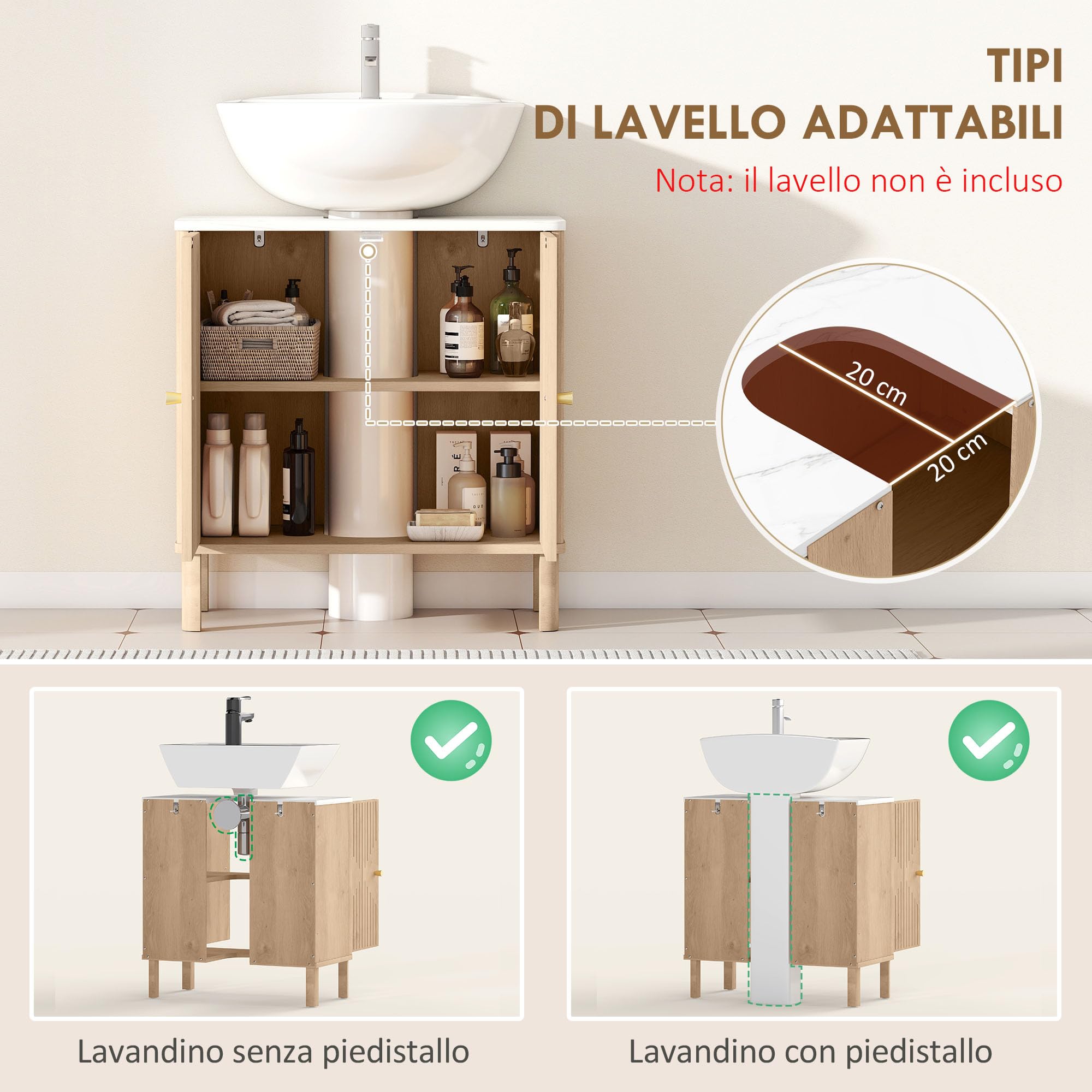 HOMCOM Mobile Sottolavabo con 2 Ante Decorate, Mobiletto Bagno con Ripiano Effetto Marmo e Mensola Regolabile Sotto Lavabo, adatto per Lavabi Con o Senza Piedistallo, Rovere