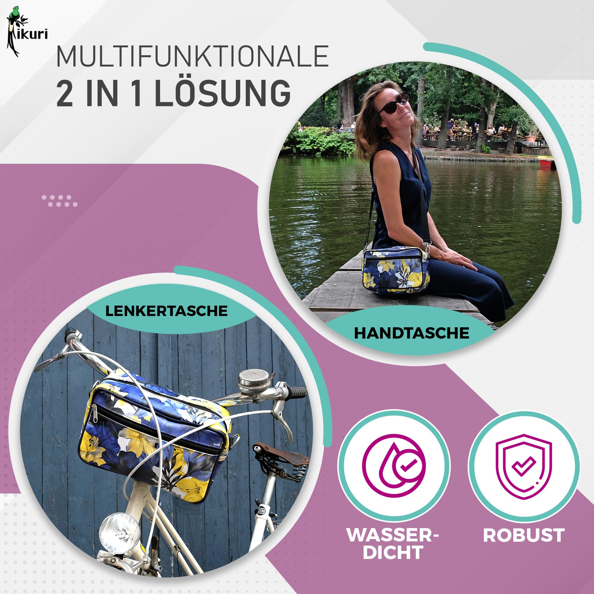 Ikuri Lenkertasche Fahrradtasche aus bedruckter Plane, mit abnehmbarem Schultergurt, für Frauen Wasserdicht Bike Bag - Design Azucena