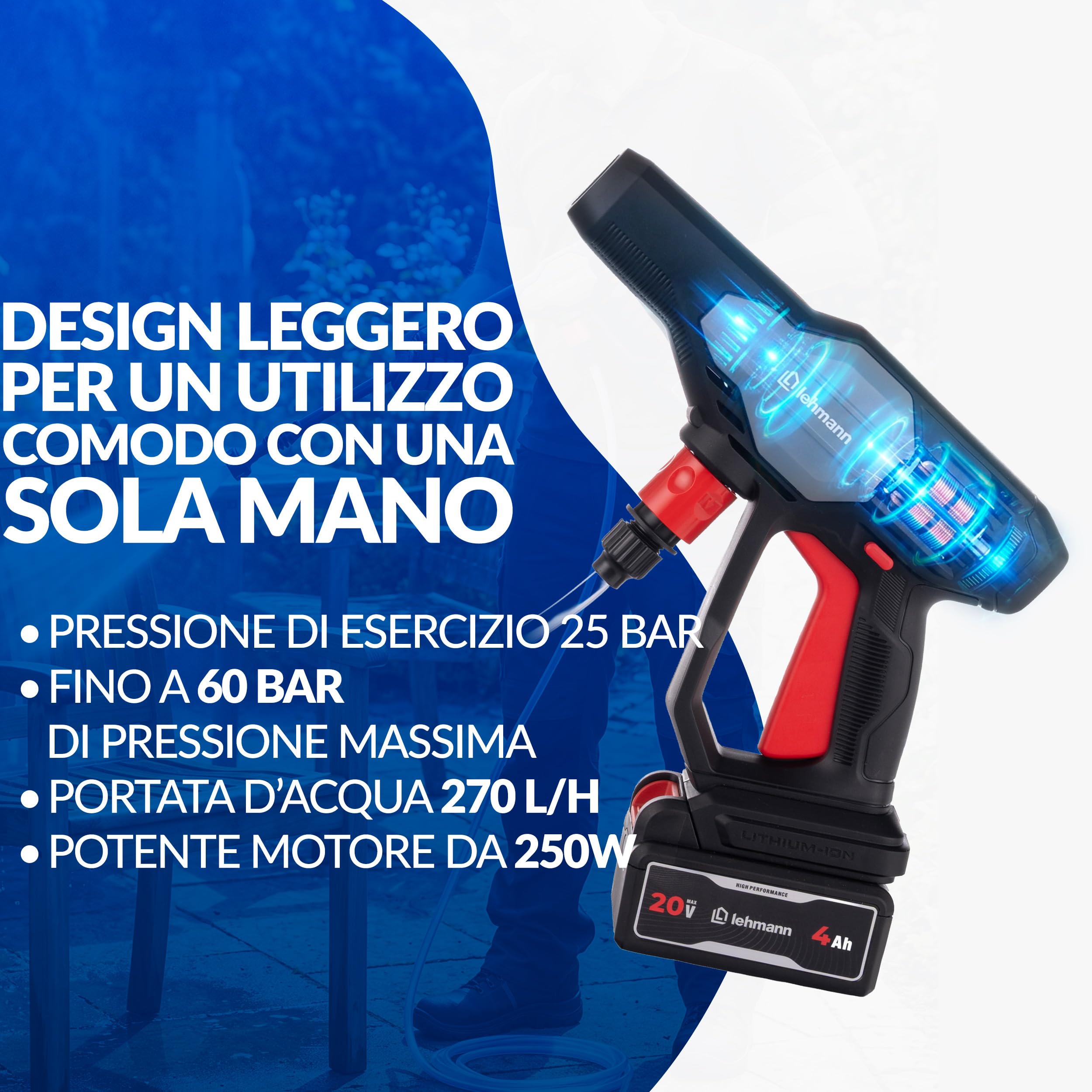 LEHMANN STREAM Mini Idropulitrice Portatile a Batteria 20V Max con Batteria 4Ah, Idropulitrice Autoadescante con Lancia 5 in 1, Tubo 6 m e Schiumatore per Auto e Terrazzo