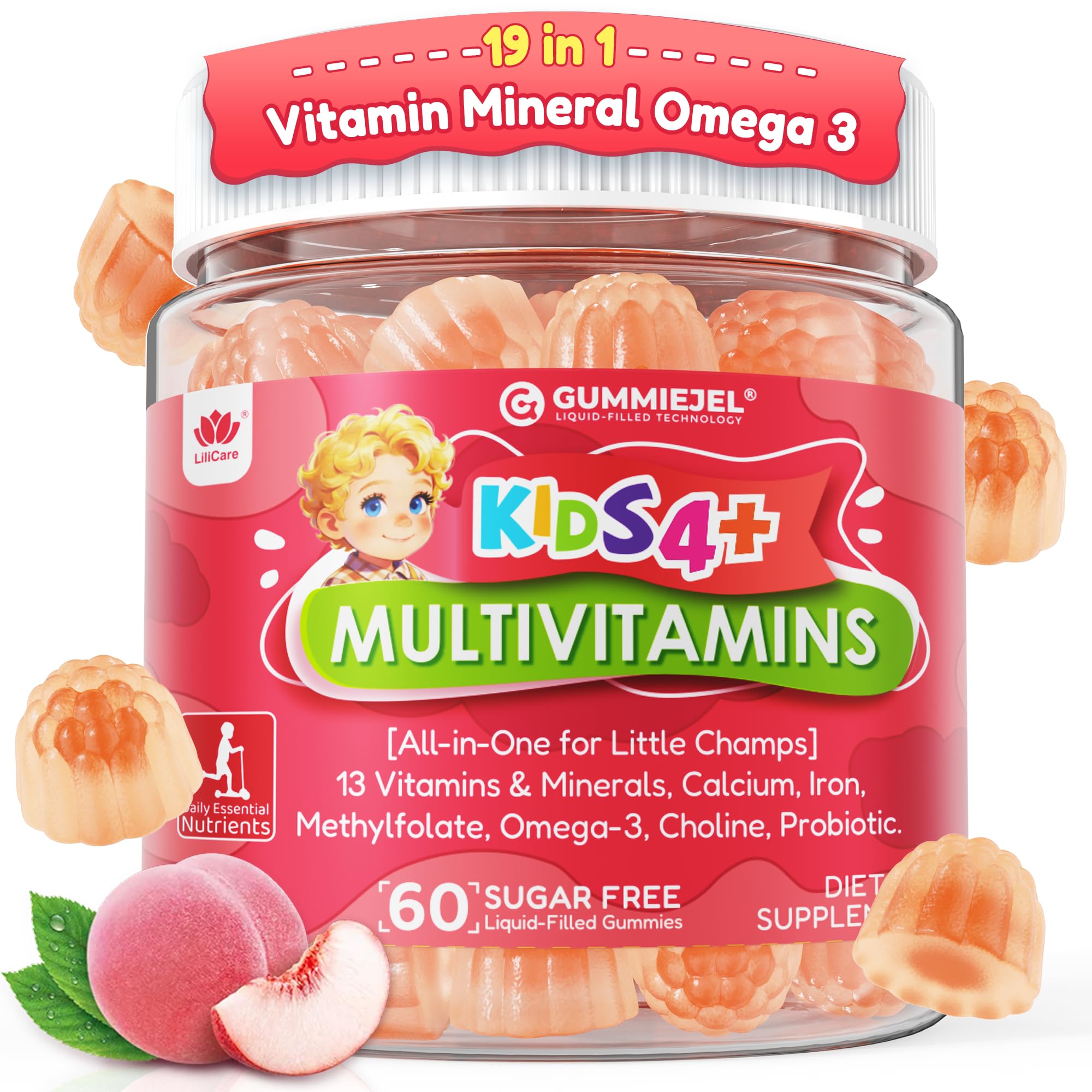 Kids Multivitamin Gummies + Omega 3 (DHA/EPA) for Overall Wellness, 60 Cts | Methylated Multivitamin for Kids + Iron, Probiotic, Vitamin A C D3 K2 E, B Complex for Bone, Brain, Eye, Immune, Sugar Free