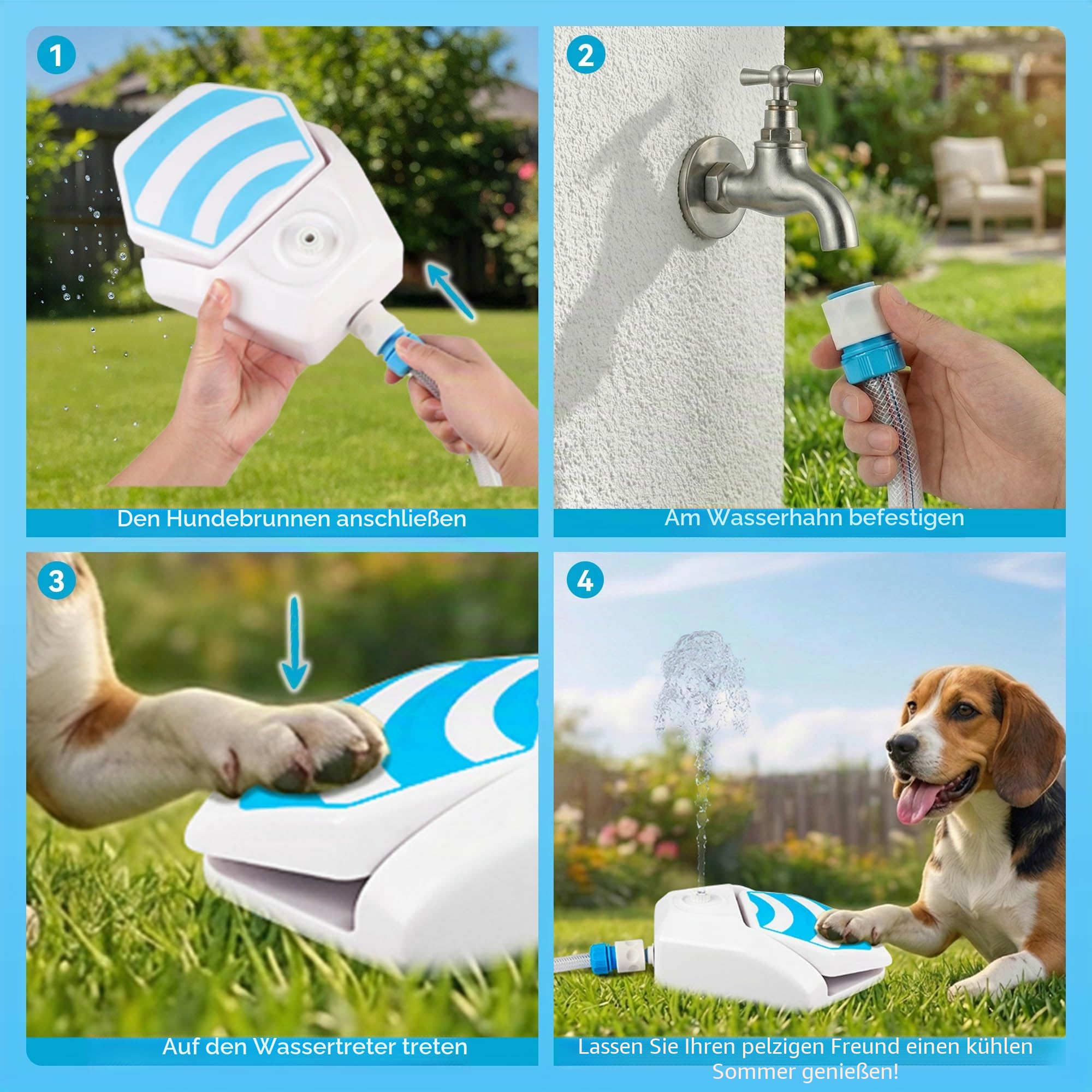 ALL FOR PAWS Hunde Trinkbrunnen Outdoor - Automatischer Wasserspender mit Sprinkler für Hunde, Hydration Station mit Kühlfunktion, Gartenspielzeug mit Schlauchanschluss (145cm), Neuversion