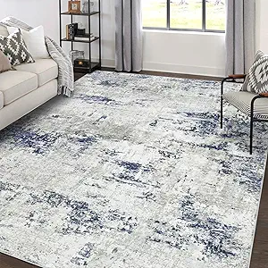 Area Rugs 5x7 Living Room: Large Modern Abstract Washable Rug Soft Anti-Skid Non-Shedding Carpet Indoor Floor Thin Carpets for Bedroom Dining Room Farmhouse Nursery Home Office Night Blue Grey