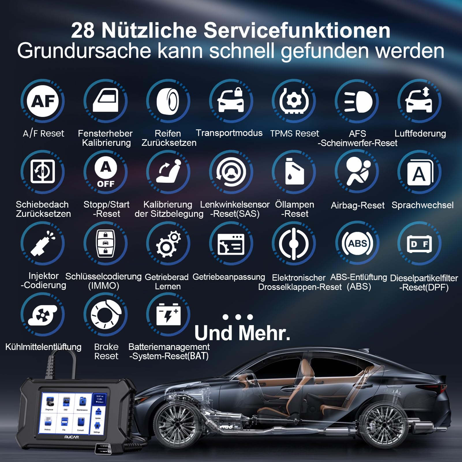 OBD2 Diagnosegerät, MUCAR CS90 Diagnosegerät Auto Mit 2 Systemdiagnose (ECM/ABS) Und 28 Reset-Funktion, Auto Diagnosegerät Für AutoVIN-Service, Android 7.0, kostenloses Update