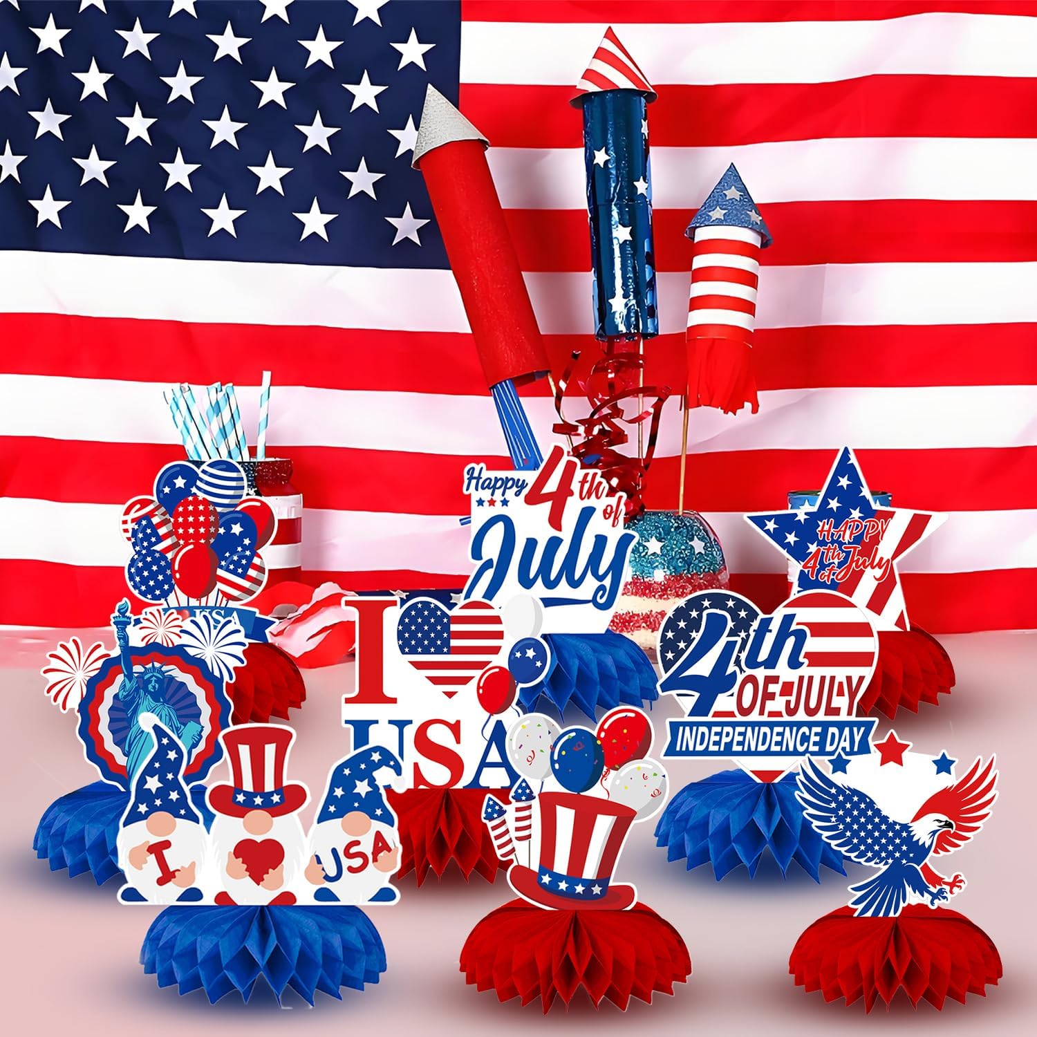 9 Pieces Fourth of July Patriotic Honeycomb Centerpieces Decorations, American Flag USA Balloons Table Topper Ornaments Signs Party Decorations