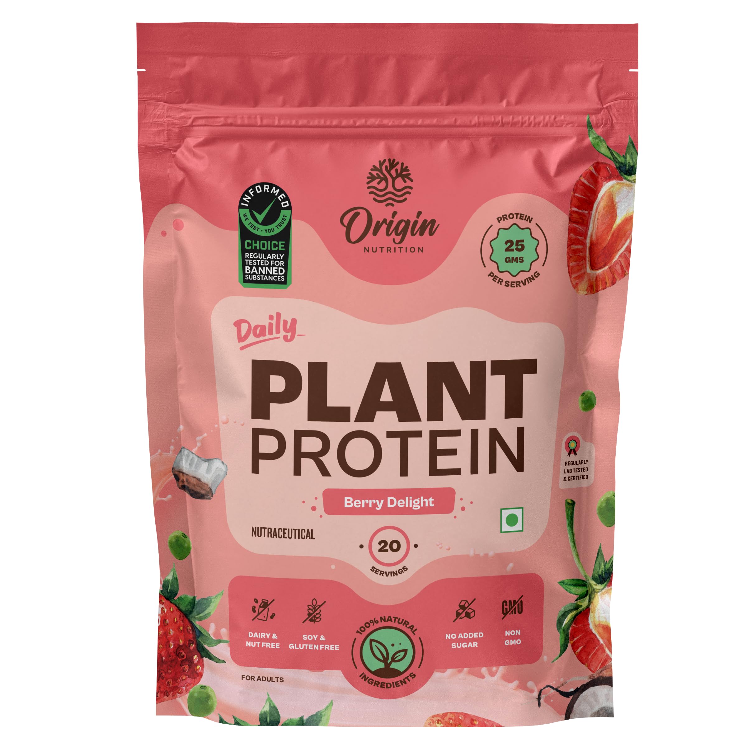 Origin Nutrition 100% Natural Plant Based Protein Powder, Ranked Best Vegan Protein by Independent Scientific Research, European Pea Protein Isolate & Pumpkin Seed Protein, Easy to Digest Strawberry Flavour with 25g Plant Based Protein, 20 servings,816g