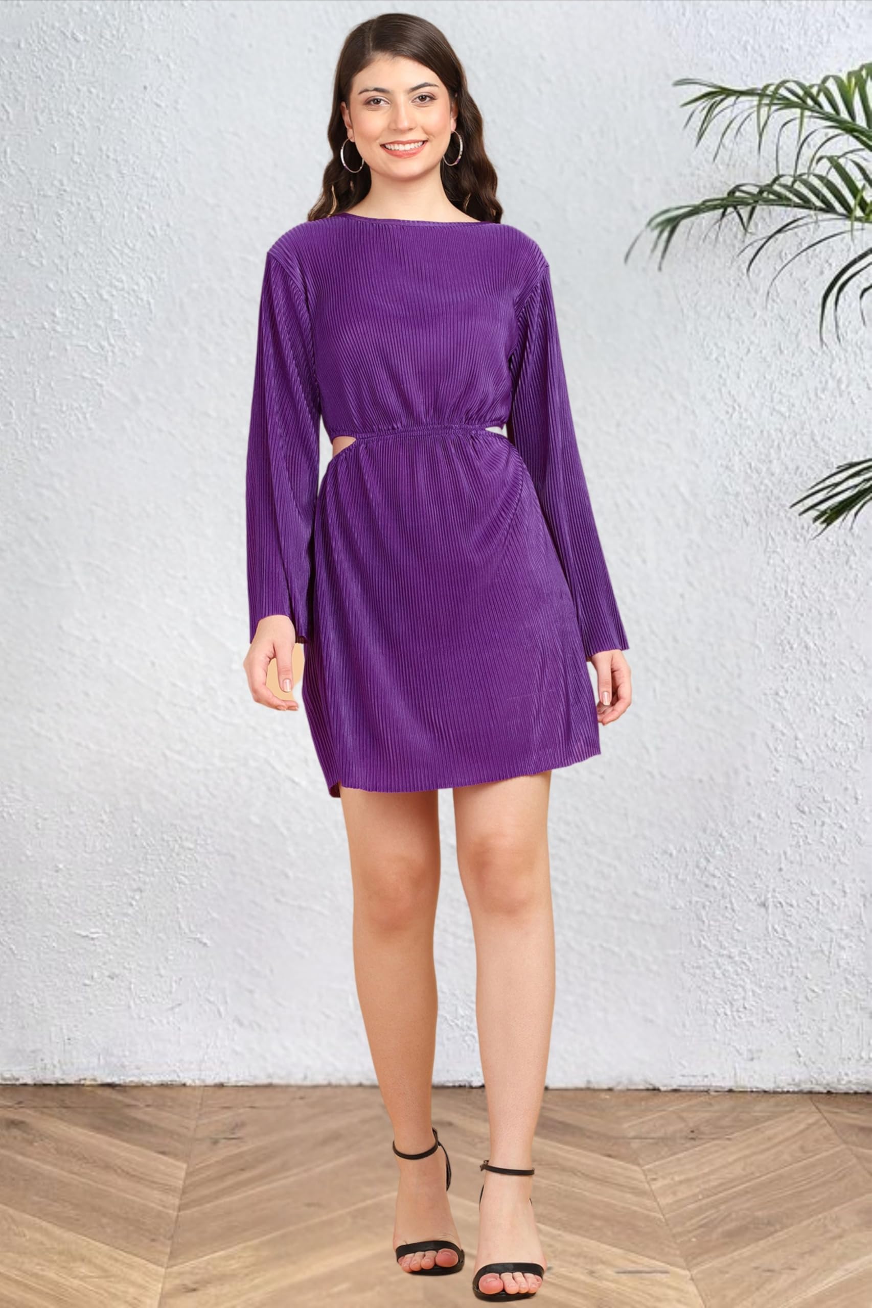 Popwings Casual Wrinkle Cutout Mini Dress For Women | Women Round Neck Dress | Women Knee Length Dress | Full Sleeve Dress For Women Purple