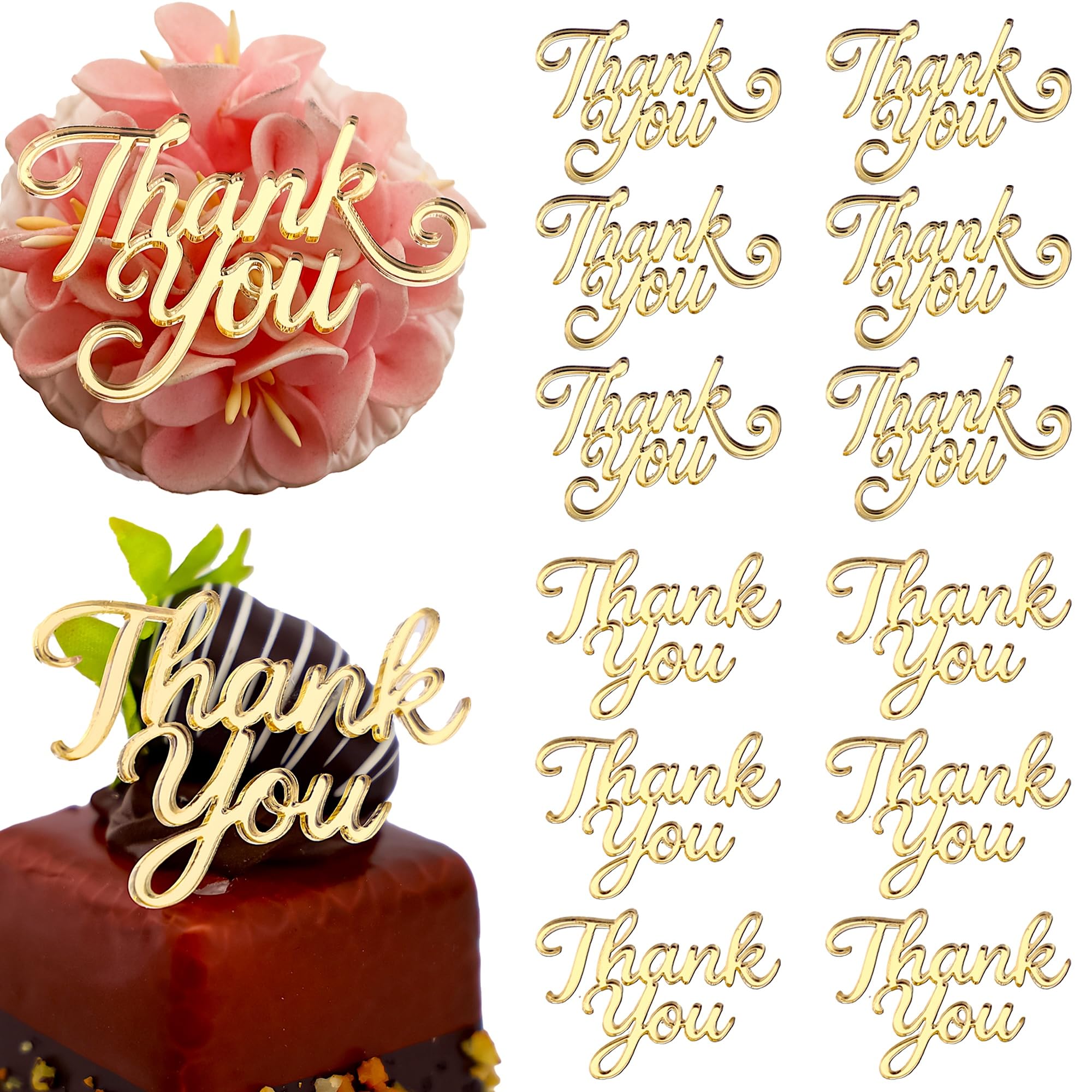 AiQi Bakes Thank You Gold Mirror Acrylic Cupcake Toppers 12pc