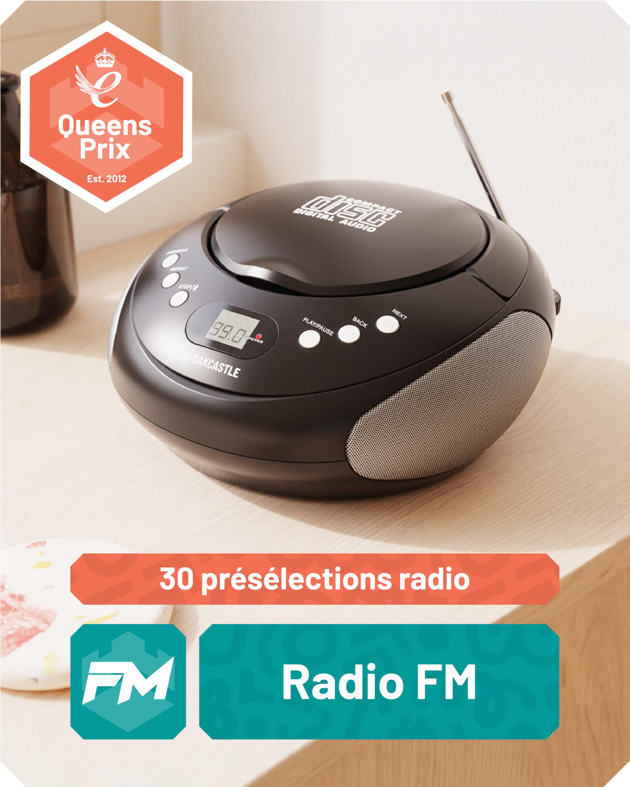 Boombox CD Bluetooth Portable avec Radio FM | CD, CD-R, CD-RW | 30 présélections | Commandes faciles, écran LED, Prise Casque | OAKCASTLE CD250 (Noir)