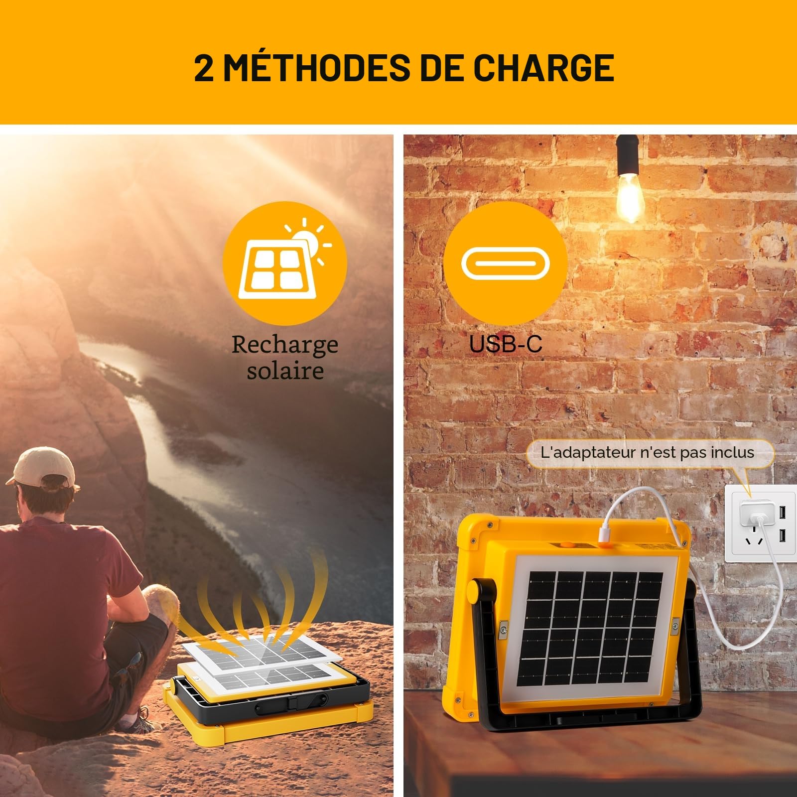 Projecteur Led Rechargeable 100W: Projecteur Led Chantier | avec Panneau Solaire - 12000mAh USB Lampe Chantier 4 Mode d'éclairage Idéal pour Camping Travail Garage Atelier