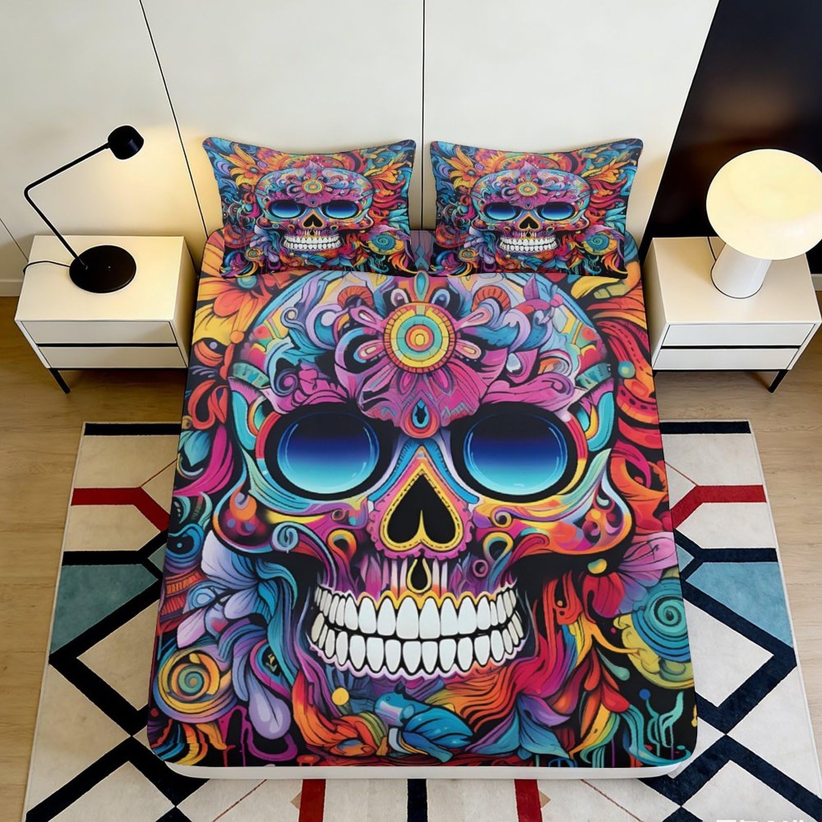 3D Printed Graffiti Skull Fitted Sheet Microfiber Elastic Hembedroom Graffiti Skull Mattress Fitted Cover Deep Pocket Washable 90x200x25cm