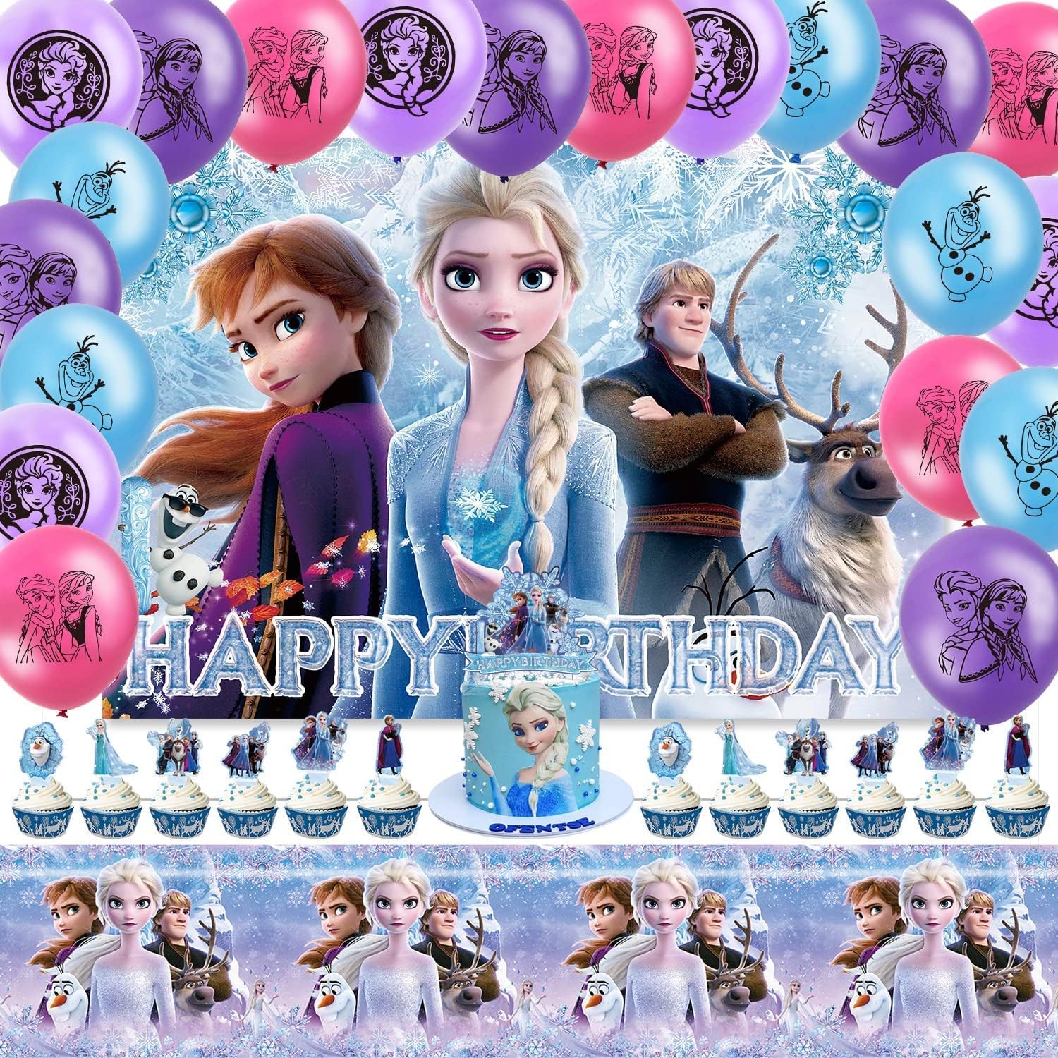 GGEROU Frozen Birthday Party Supplies,Frozen Birthday Decorations Include Birthday Backdrop,Table Cloth,Cake Toppers,Balloons , Elsa, Anna and Olaf Balloon Happy Birthday Banner for Girls