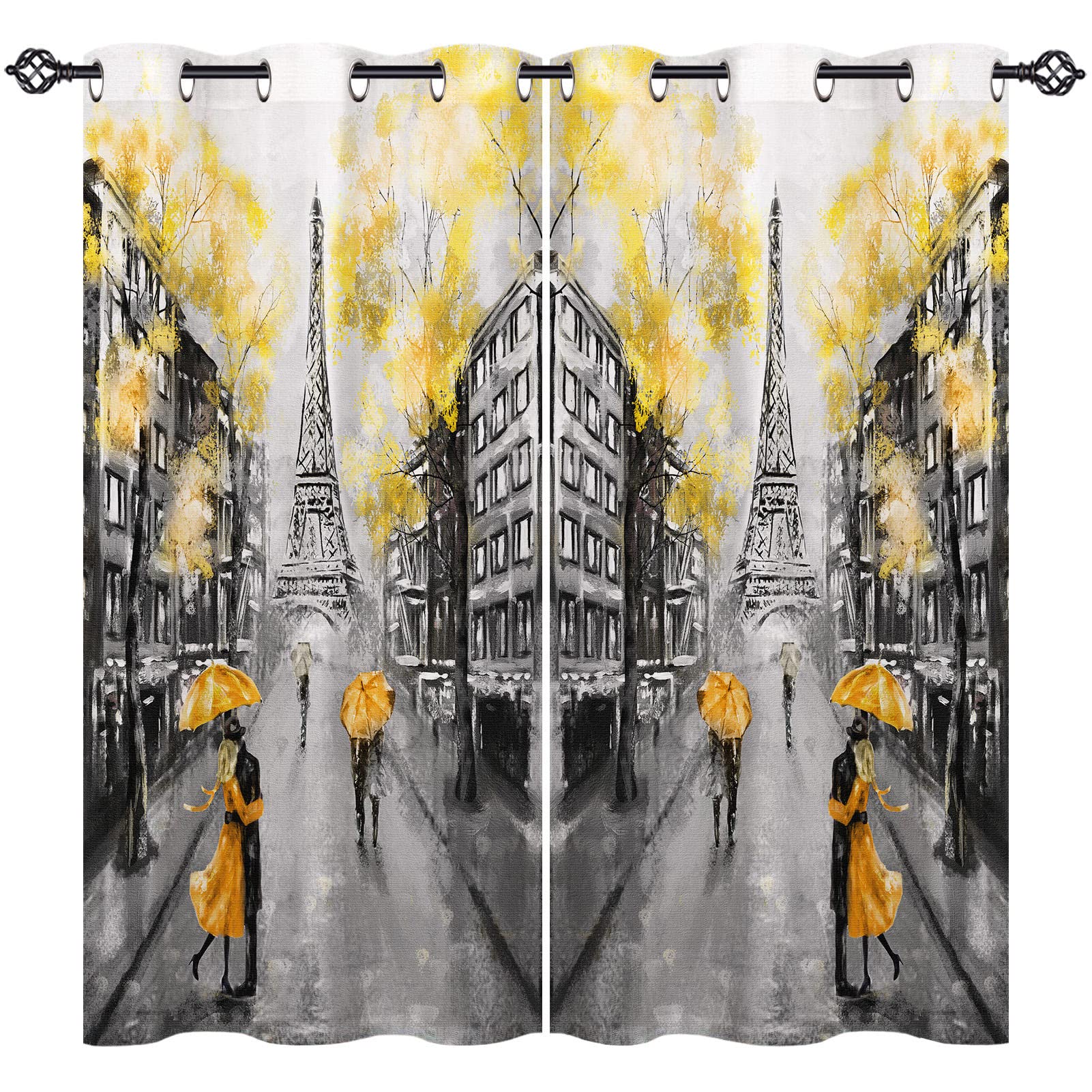 ANHOPE Paris Curtains Eyelet 80% Blackout Room Darkening Curtains with Painting Eiffel Tower Yellow Tree Print Pattern Light Blocking Window Drapes for Bedroom Living Room 46 x 63 Inch Drop 2 Panels