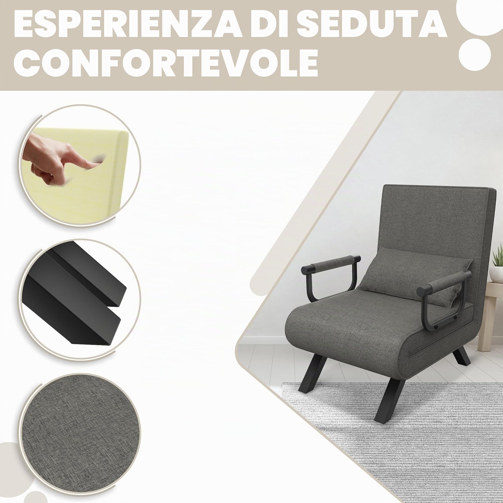 UISEBRT Divano letto 3 in 1, grigio scuro, letto per gli ospiti, pieghevole, con funzione letto, per soggiorno, camera da letto, balcone, portata fino a 150 kg
