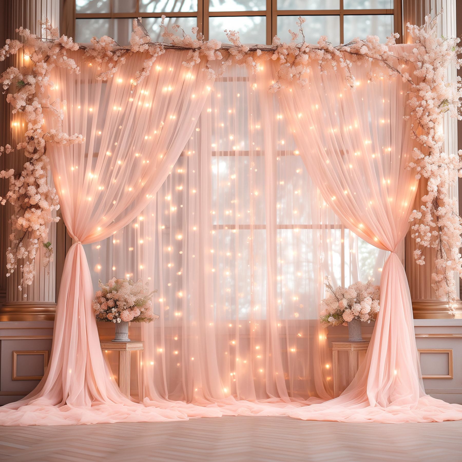 20x10ft Peach Tulle Backdrop Curtain with Lights String for Parites, Sheer Photo Backdrop Curtains with Lights for Wedding Backdrop Ceremony Reception