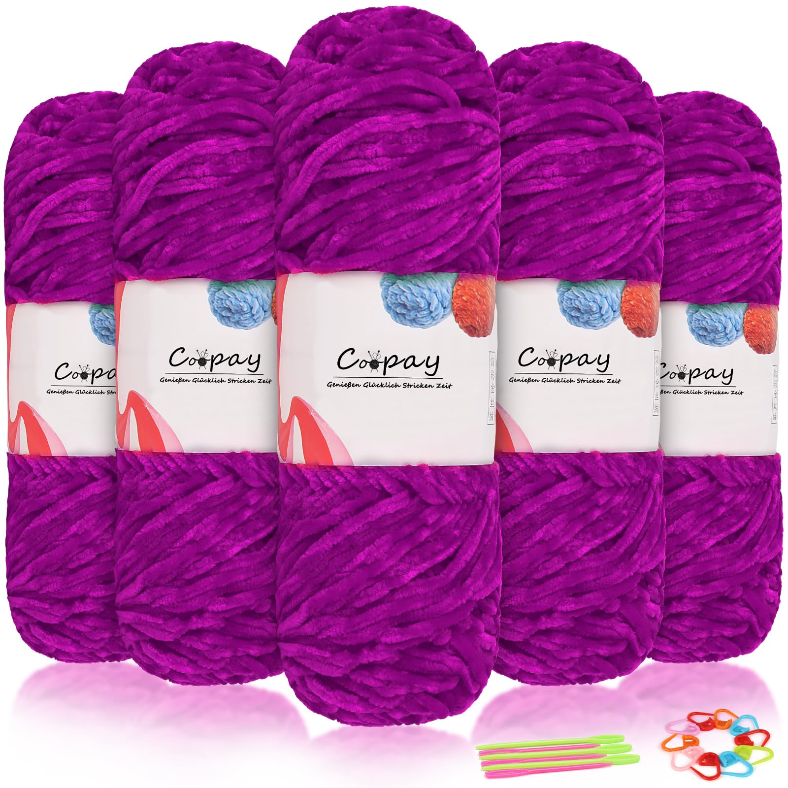Coopay Samt Chenille Wolle, 500g (5x100g) Velvet Chenillegarn Wolle zum Häkeln, Flauschige Weicher Babywolle für Kinder, Samtig Chenillewolle mit Häkelzubehör für Puppen, Schals