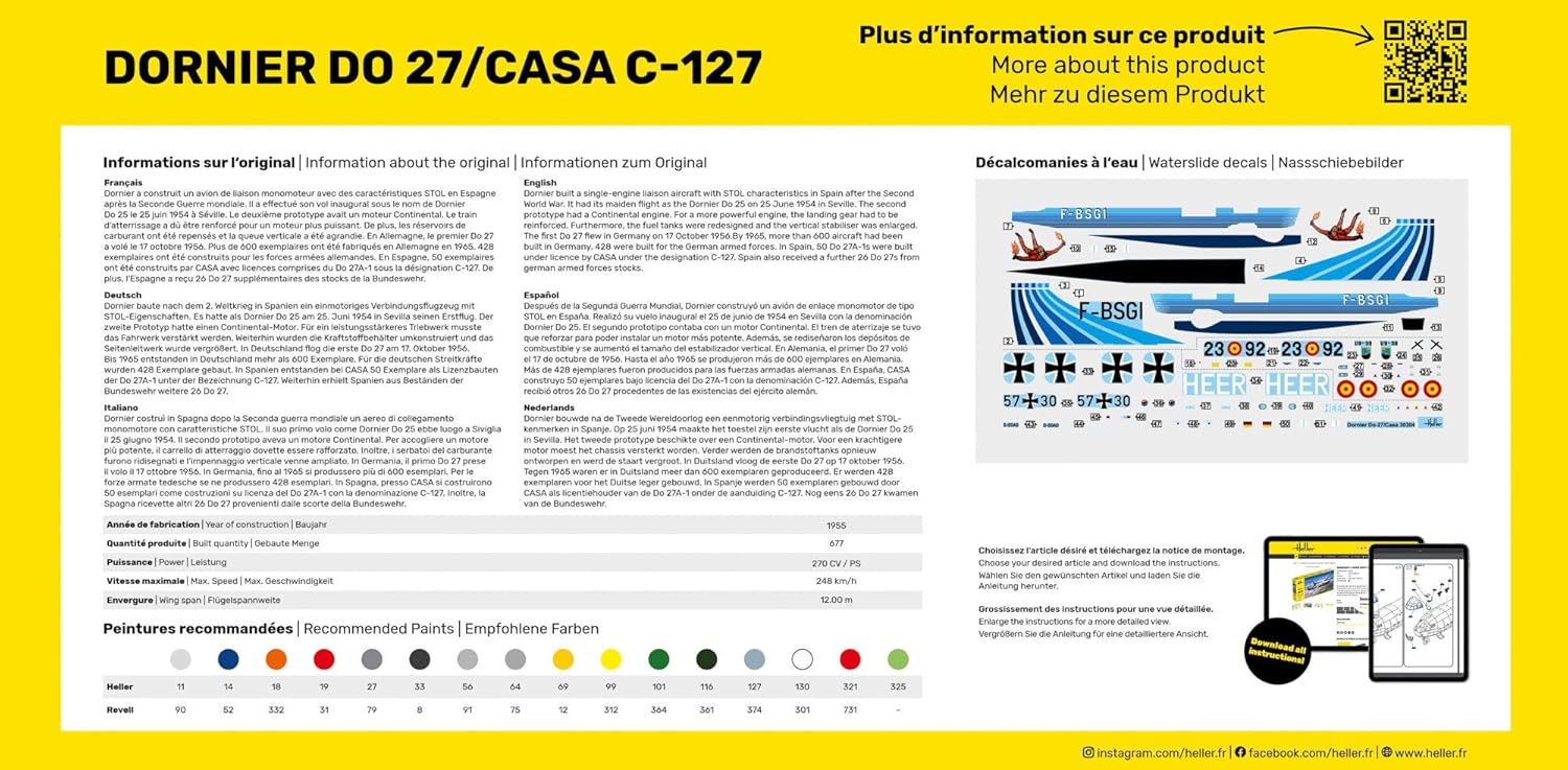 Heller 1:72 DO27/CASA C-127 model kit box back with detailed decal sheet and paint guide