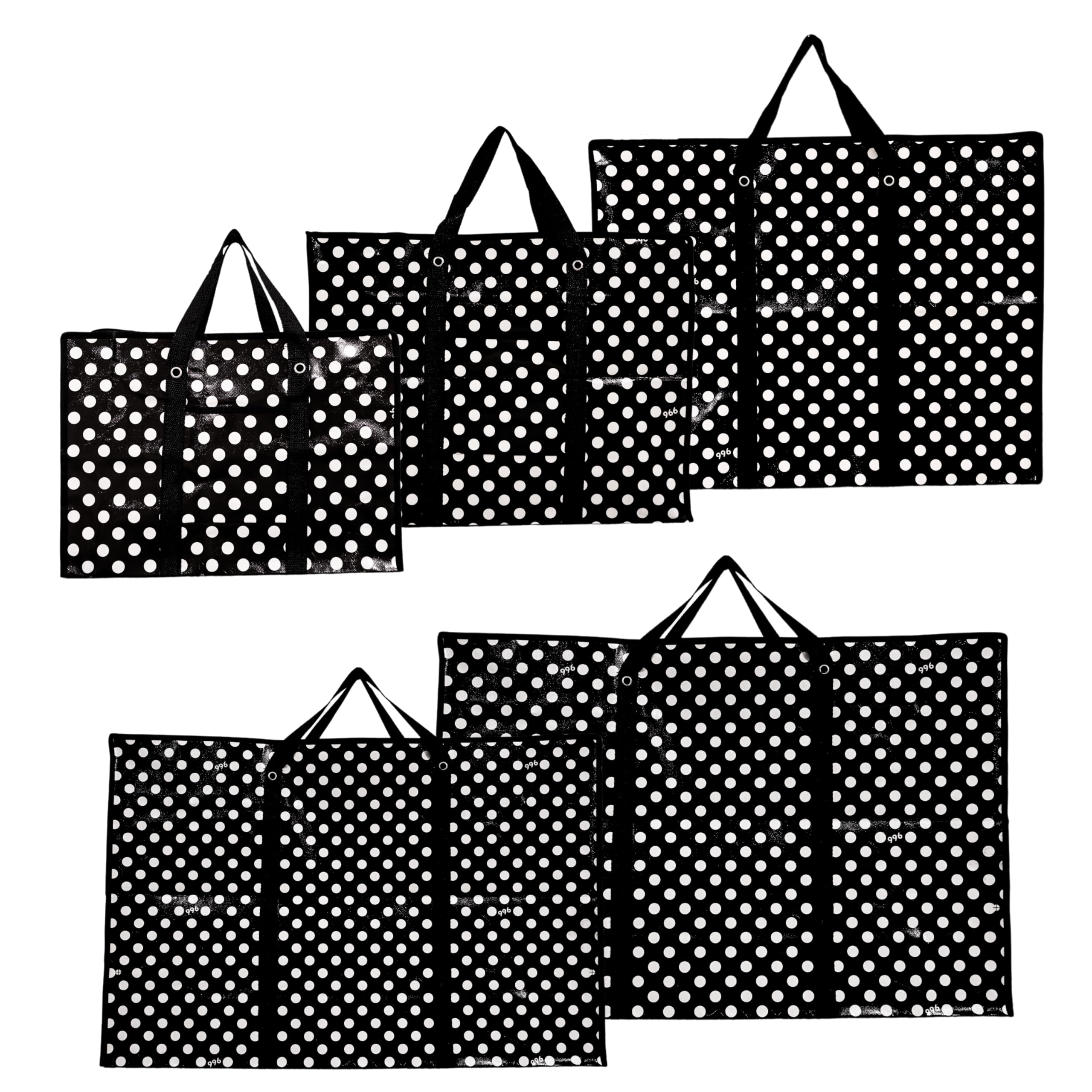 5er Pack Wäschesack Reißverschluss Einkaufstasche Aufbewahrungstasche Extra Große Einkaufstasche Polka Dot Taschen | Langlebig, Sehr Stabil Robust | Größen S-XXL | Strapazierfähig, Faltbar,