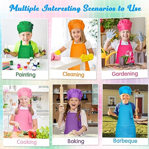 Miniatura 7 de Juego de delantal y sombrero de chef para niños, 6 piezas de delantal de cocina ajustable colorido para niñas y niños, juguete de simulación, regalo