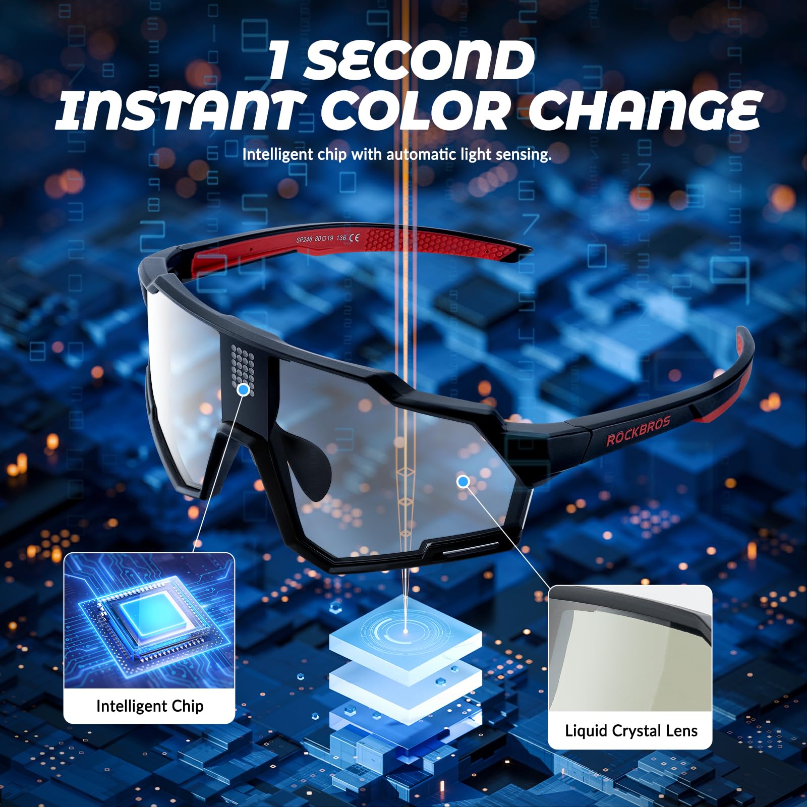 ROCKBROS Fahrradbrillen Selbsttönend + Polarisiert, Intelligente Fahrrad Sonnenbrille Sportbrille Damen Herren UV400 Schutz TR90