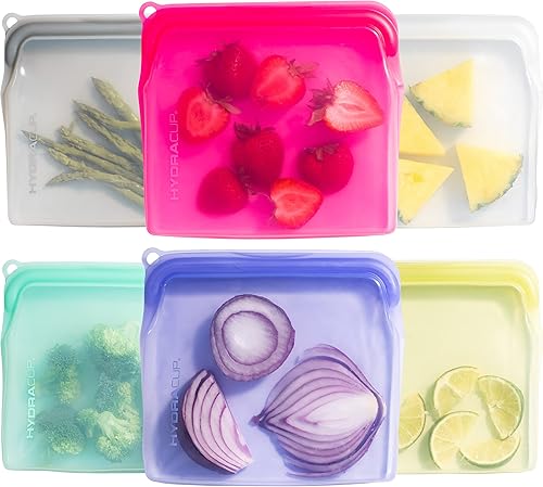 Hydra Cup Bolsas de almacenamiento de silicona reutilizables [6 unidades] Contenedor de almacenamiento de alimentos, 30 onzas, presión para