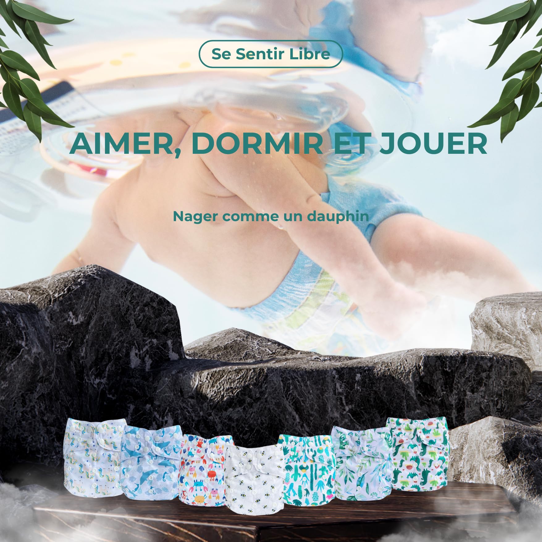 Couche Piscine Bébé Étanche et Réglable – Maillot de Bain Lavable Réutilisable Écologique – Confort Bébé Garçon ou Fille(Dauphin - 1 unité)