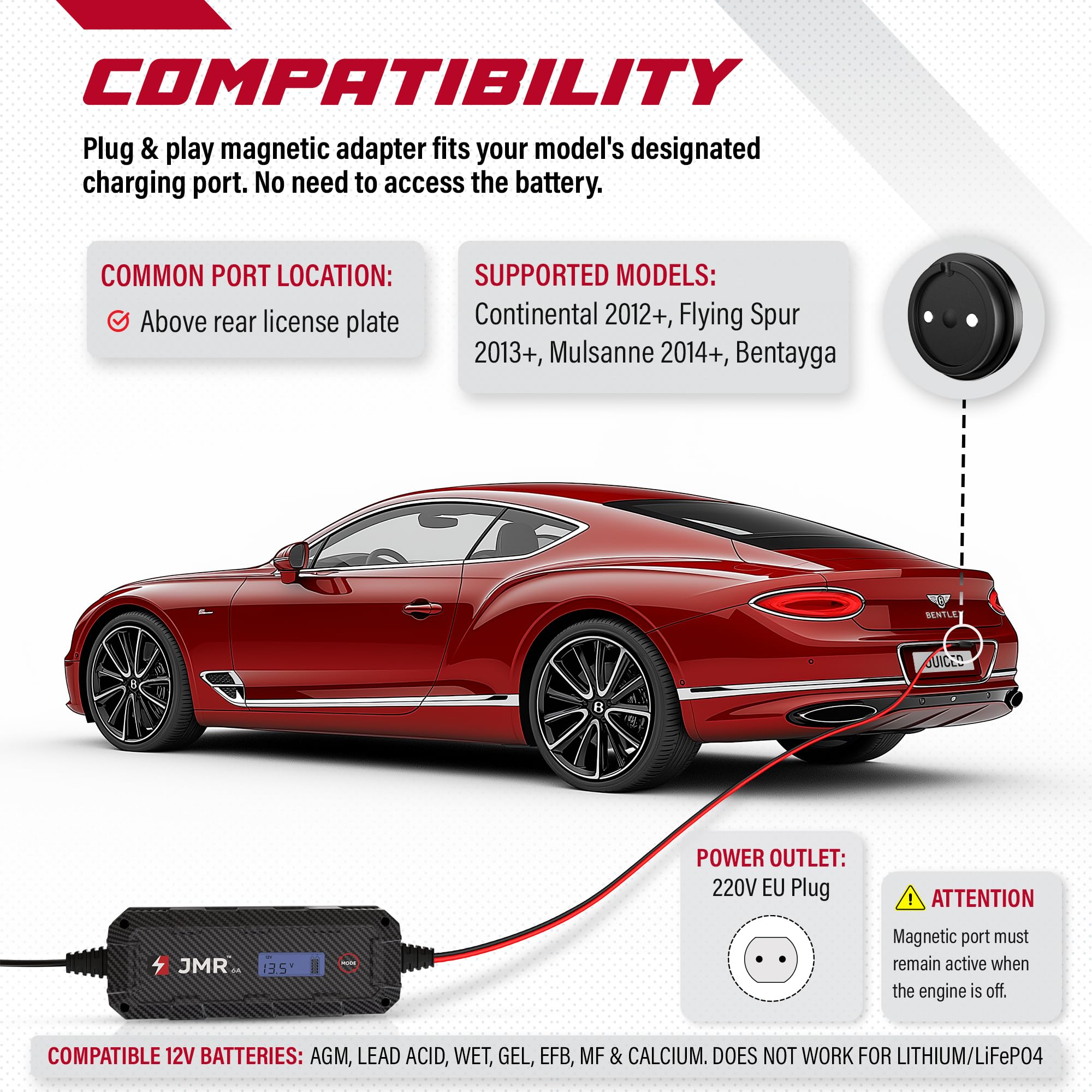 JMR Battery Charger for Bentley Continental GT Bentayga Flying Spur Mulsanne Trickle Charger Conditioner Maintainer (Magnetic Port, No Lithium Mode)