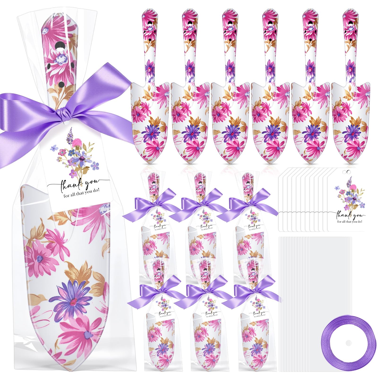 Capoda 12 Sets Floral Garden Shovels Bulk Gardening Gift for Women Garden Tools Floral Hand Heavy Duty Christmas Trowels Thank You Cards with Bags for Mom Gift Birthday Teacher(Purple,Elegant)