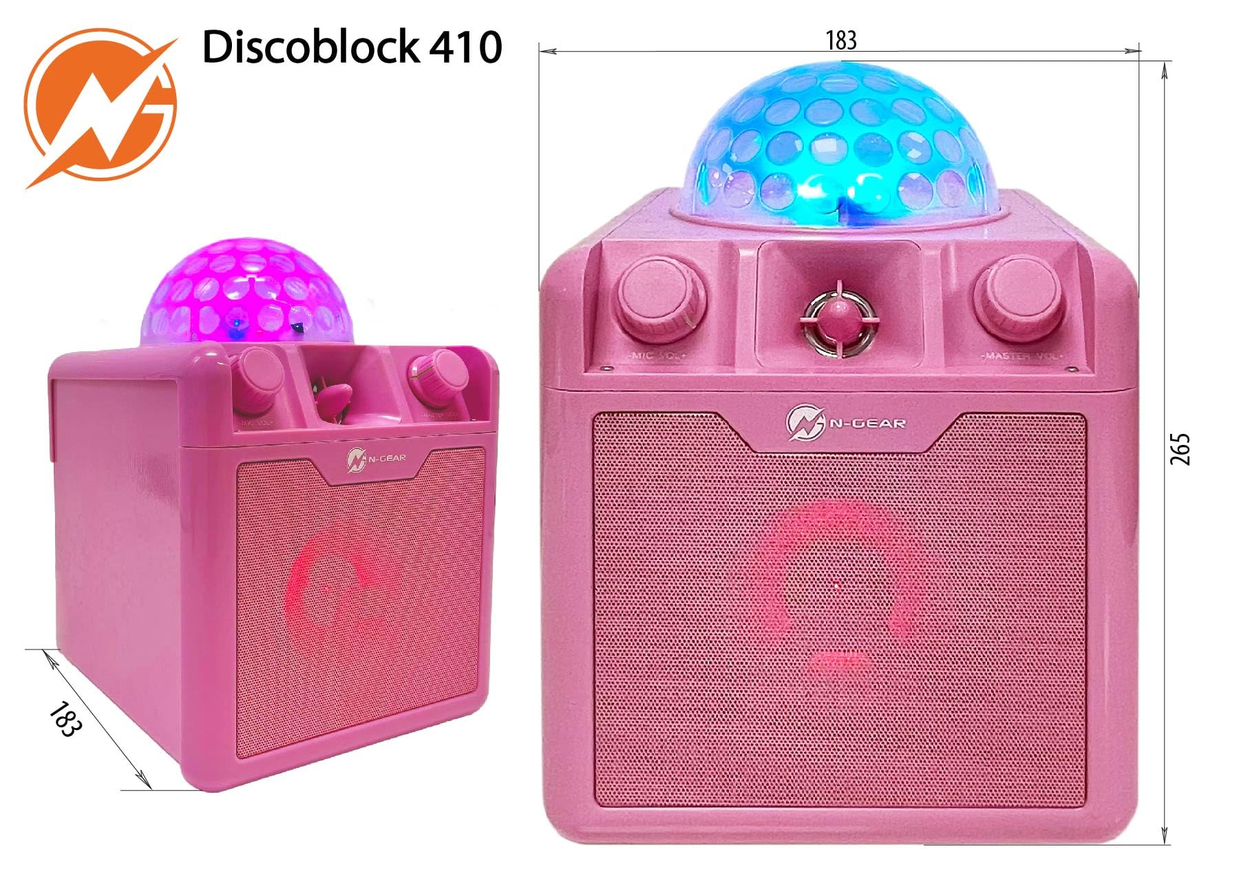 N-Gear Discoblock 410 mobiler Party Disco Musik Karaoke Maschine mit Discokugel Kinder - Disco Licht, 50 Watt Bluetooth Lautsprecher & Mikrofon Karaoke in einem, Rosa