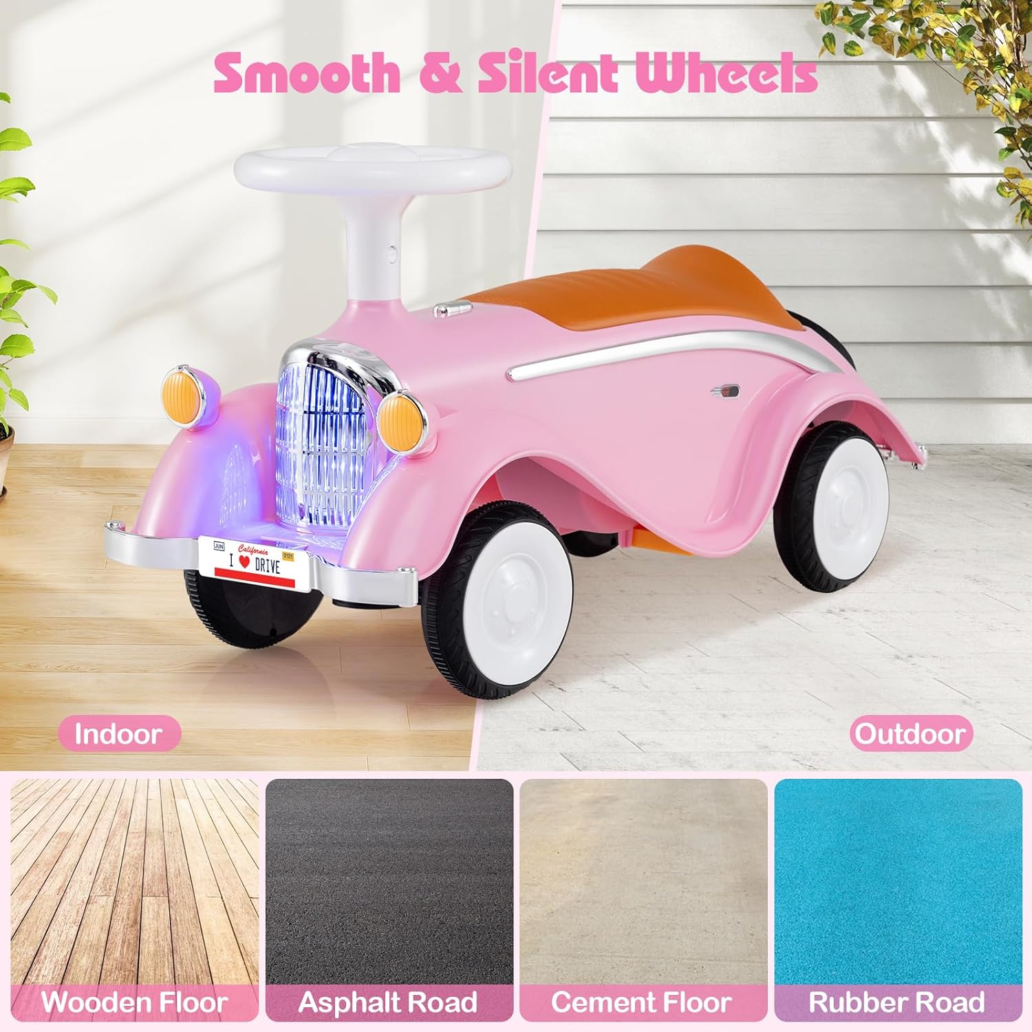 Costzon Toddler Ride On Toy, Classic Foot to Floor Sliding Car w/Steering Wheel, Horn, Headlights & Under Seat Storage, Kids Push Ride-Ons, Retro Baby Ride On Toys for Boys Girls 19-36 Months (Pink)