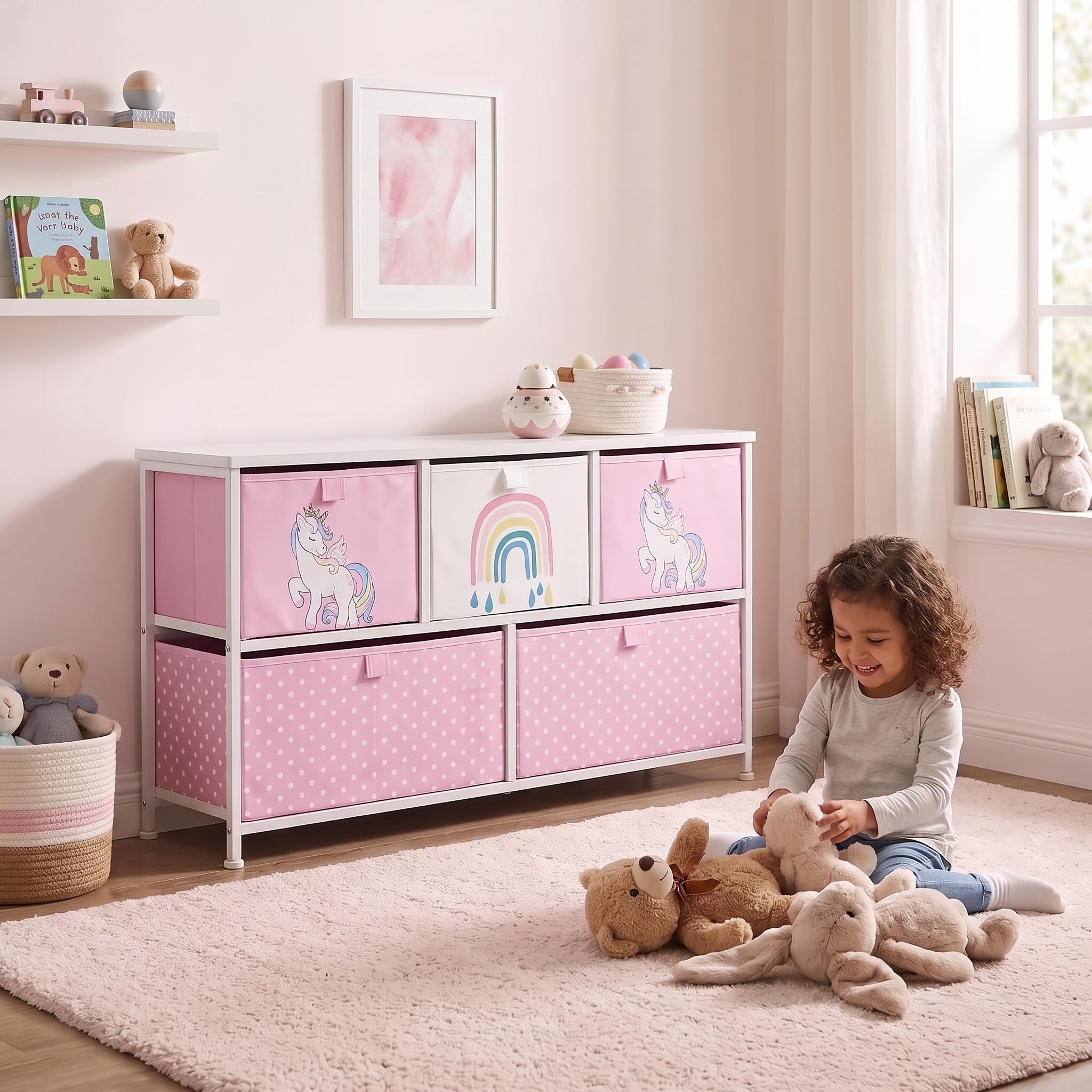 Rackhams Pink/White Kids Unicorn 5 Drawer Storage Chest