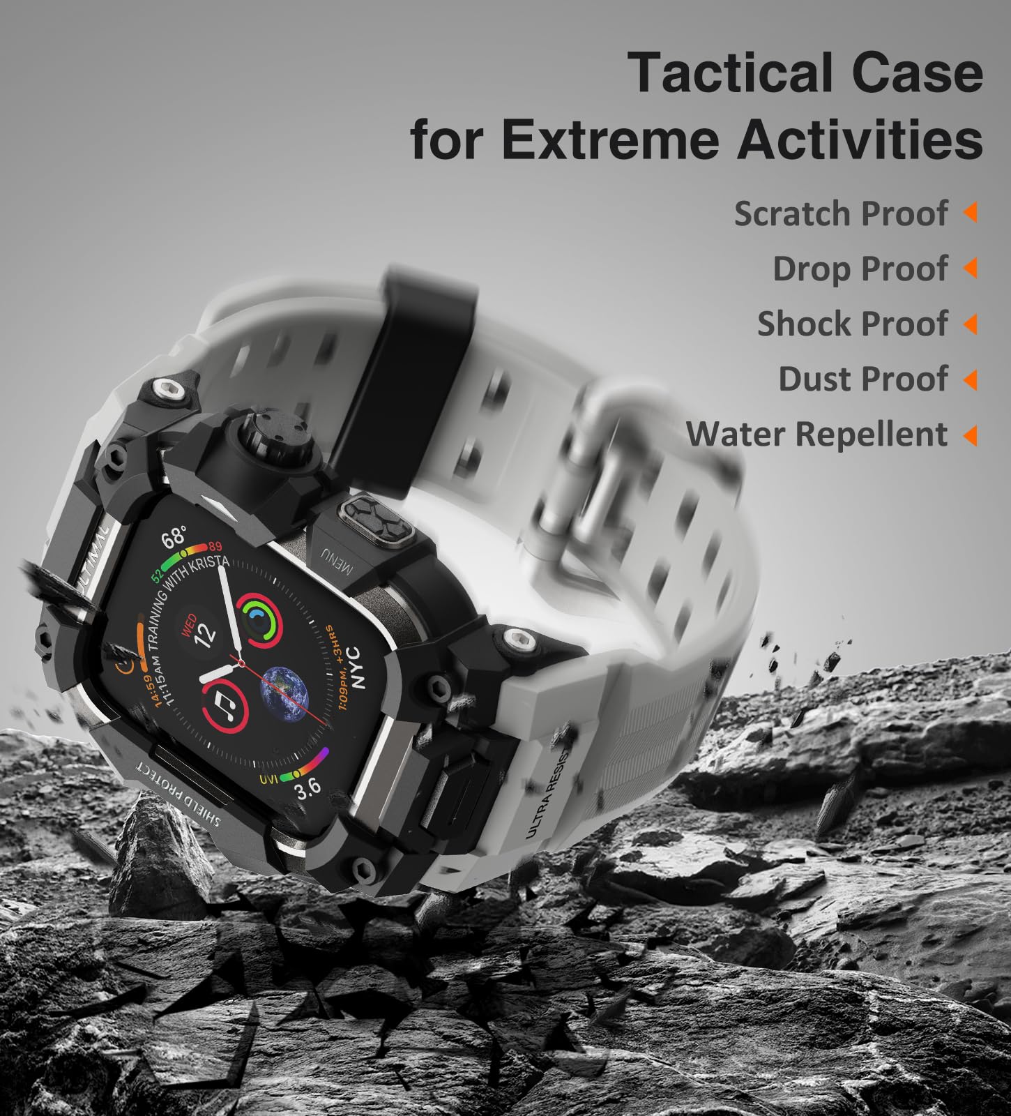 ULTIMAL Etui z paskiem i folią pancerną do Apple Watch 49 mm, 3 w 1, sportowy pasek do Apple Watch Ultra/Ultra 2, certyfikat wojskowy, odporny na uderzenia pokrowiec ochronny do iWatch