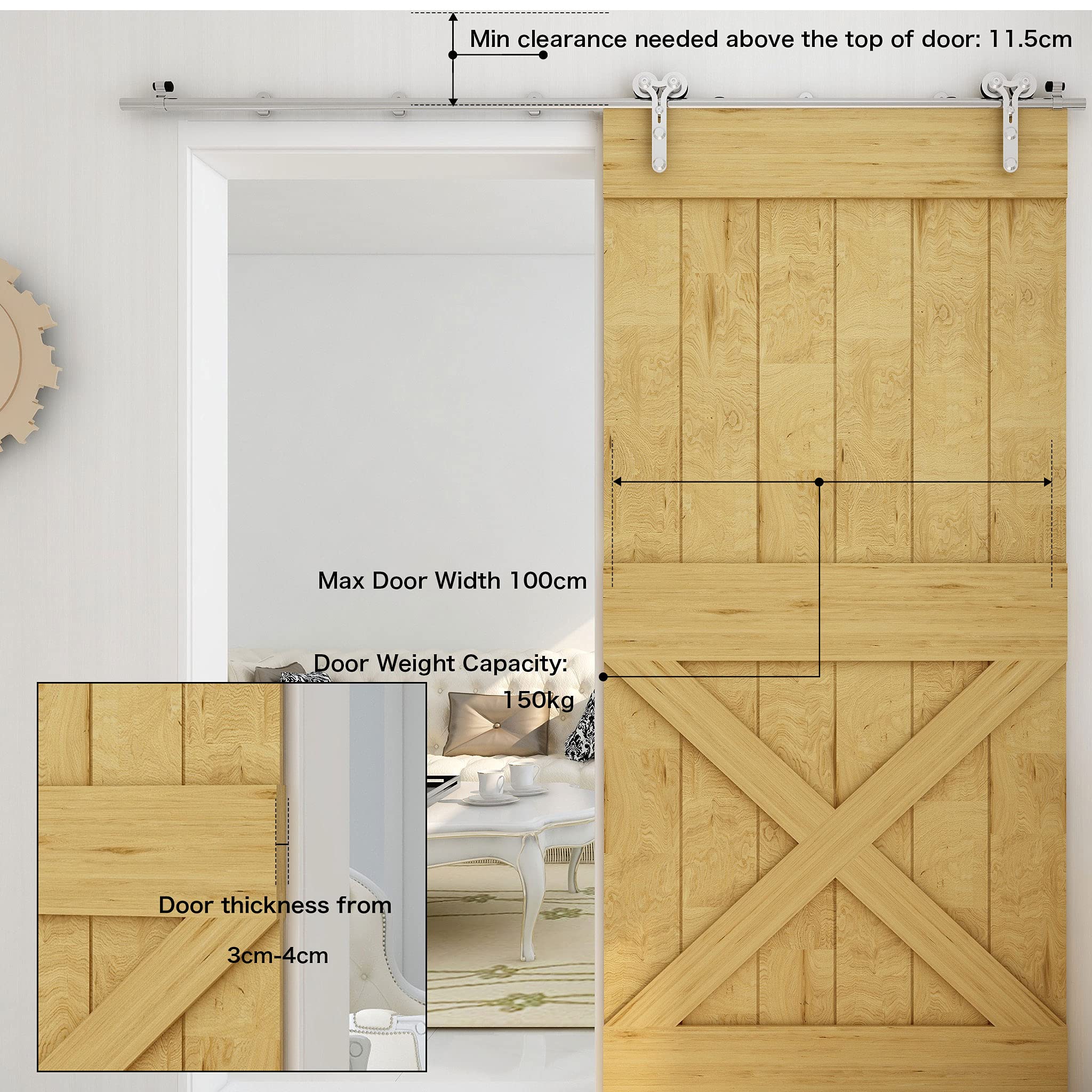 TSMST Rail de porte coulissante en acier inoxydable 152 cm pour portes individuelles en bois, lisse et silencieuse, crochet en forme de Y
