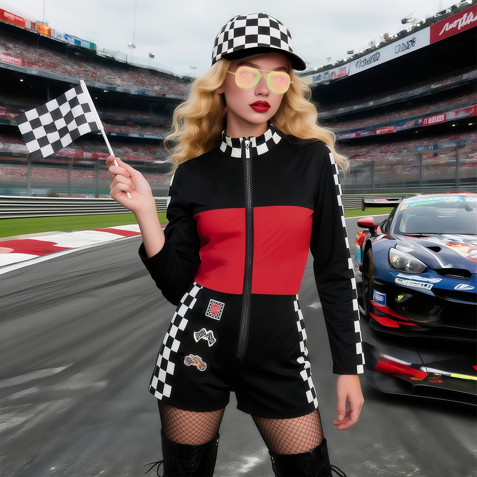 nezababy Costume de pilote de voiture de course 6 pièces pour femme - Body de pilote de course - Tenue sexy d'Halloween pour adulte