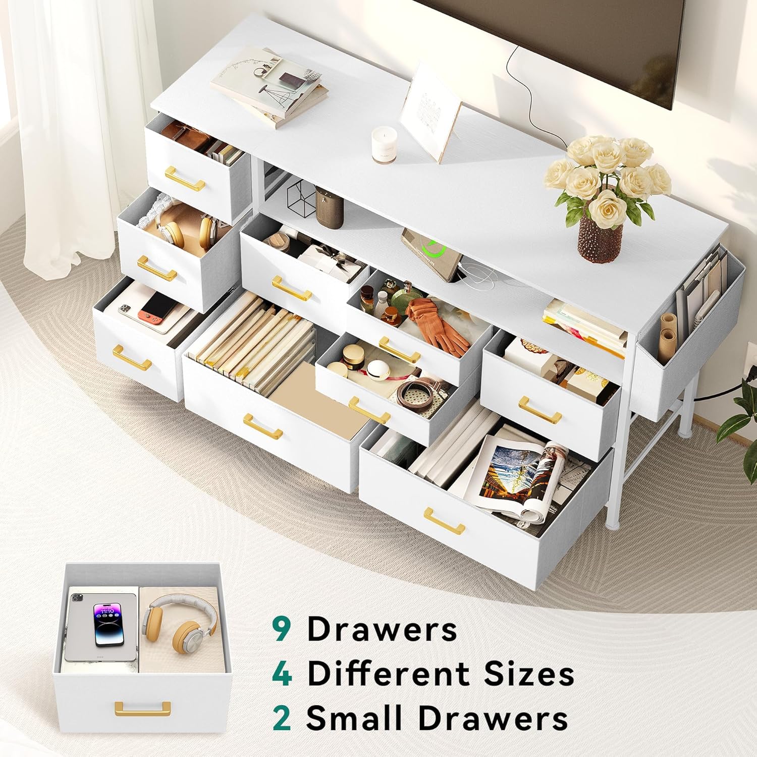 Open drawers of the YITAHOME Dresser TV Stand showing various items organized inside