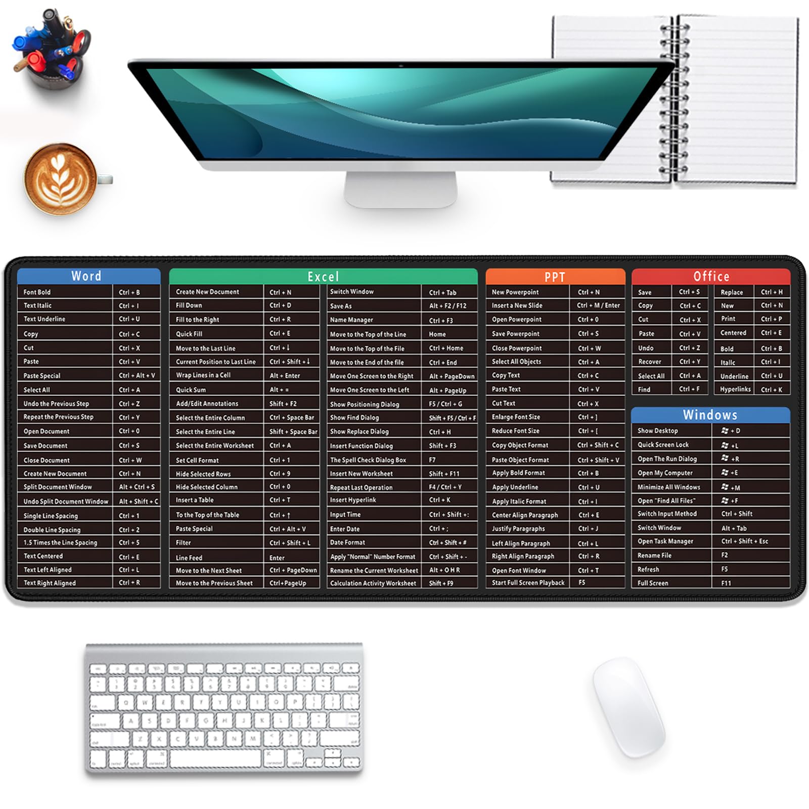 PAKWMFEVGD Large Extended Gaming Mouse Pad - Rubber, L, Word+excel+ppt - Waterproof, Non-Slip, Washable Stitched Edges, 27.5X11.8 in