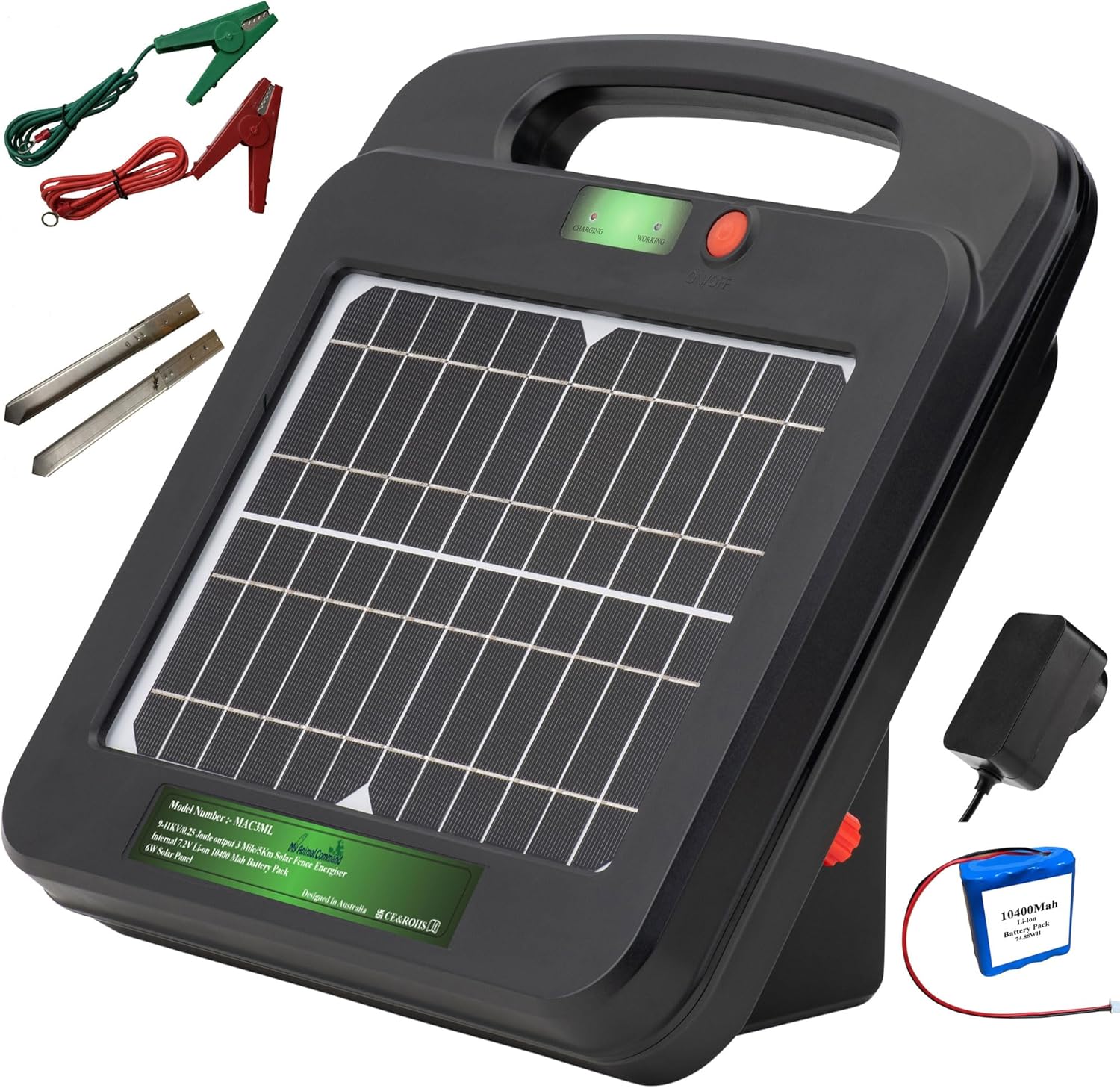 Solar Powered Electric Fence Charger 0.25 Joules Output (9-11KV) with Lithium Battery Energizer Containment