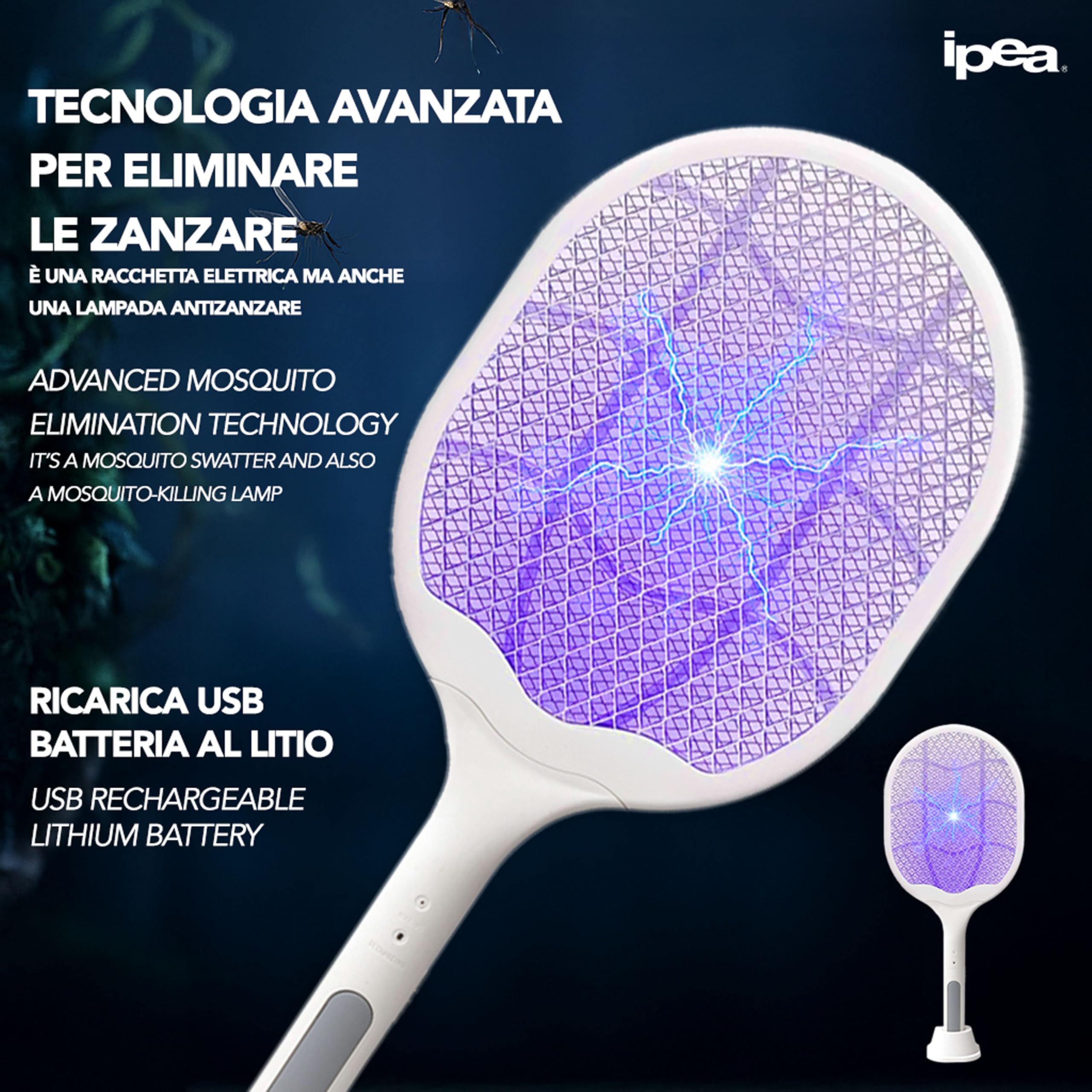 IPEA Racchetta Zanzare Elettrica Ricaricabile USB-C 2 in 1 3000V 1200 mAh