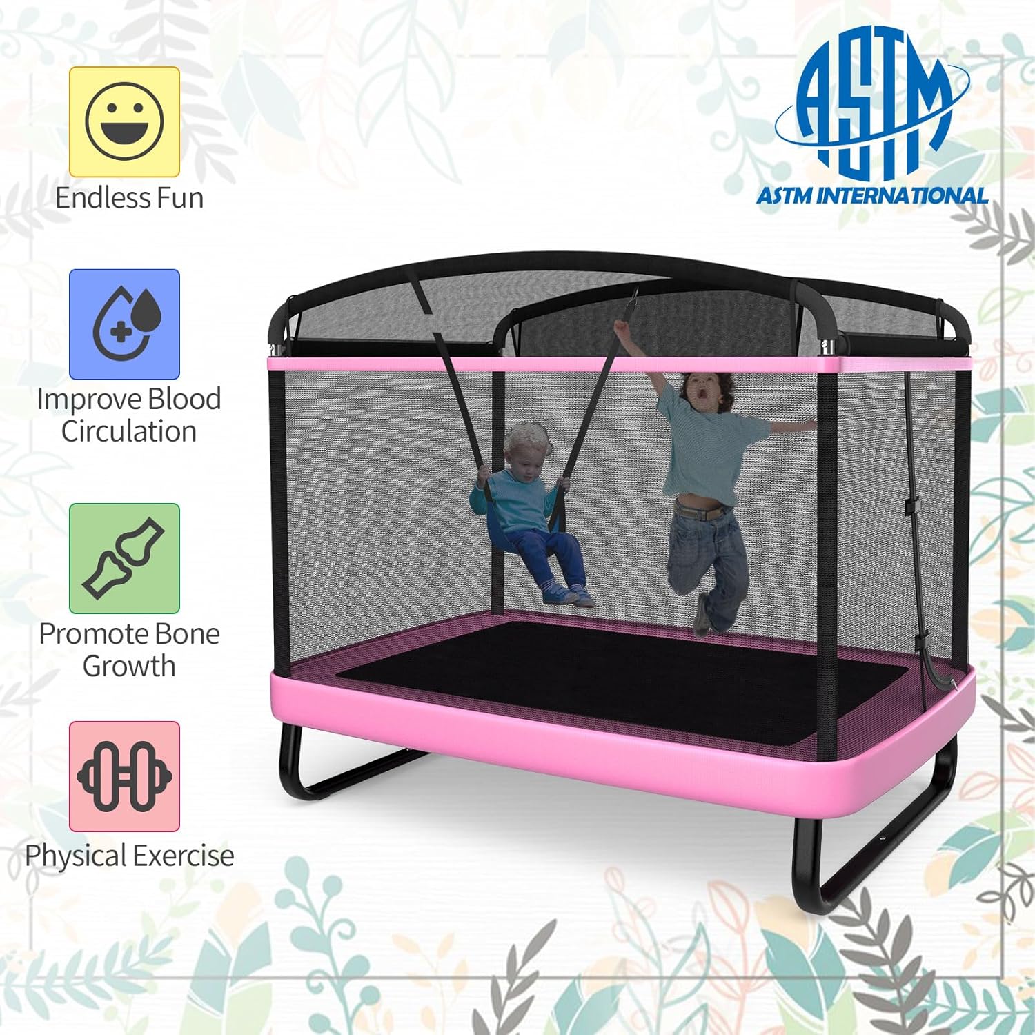 Giantex 6 FT Trampoline for Kids with Swing, Toddler Trampolines with Safety Enclosure Net, ASTM Approved, Rectangle Indoor & Outdoor Mini Kids Trampoline